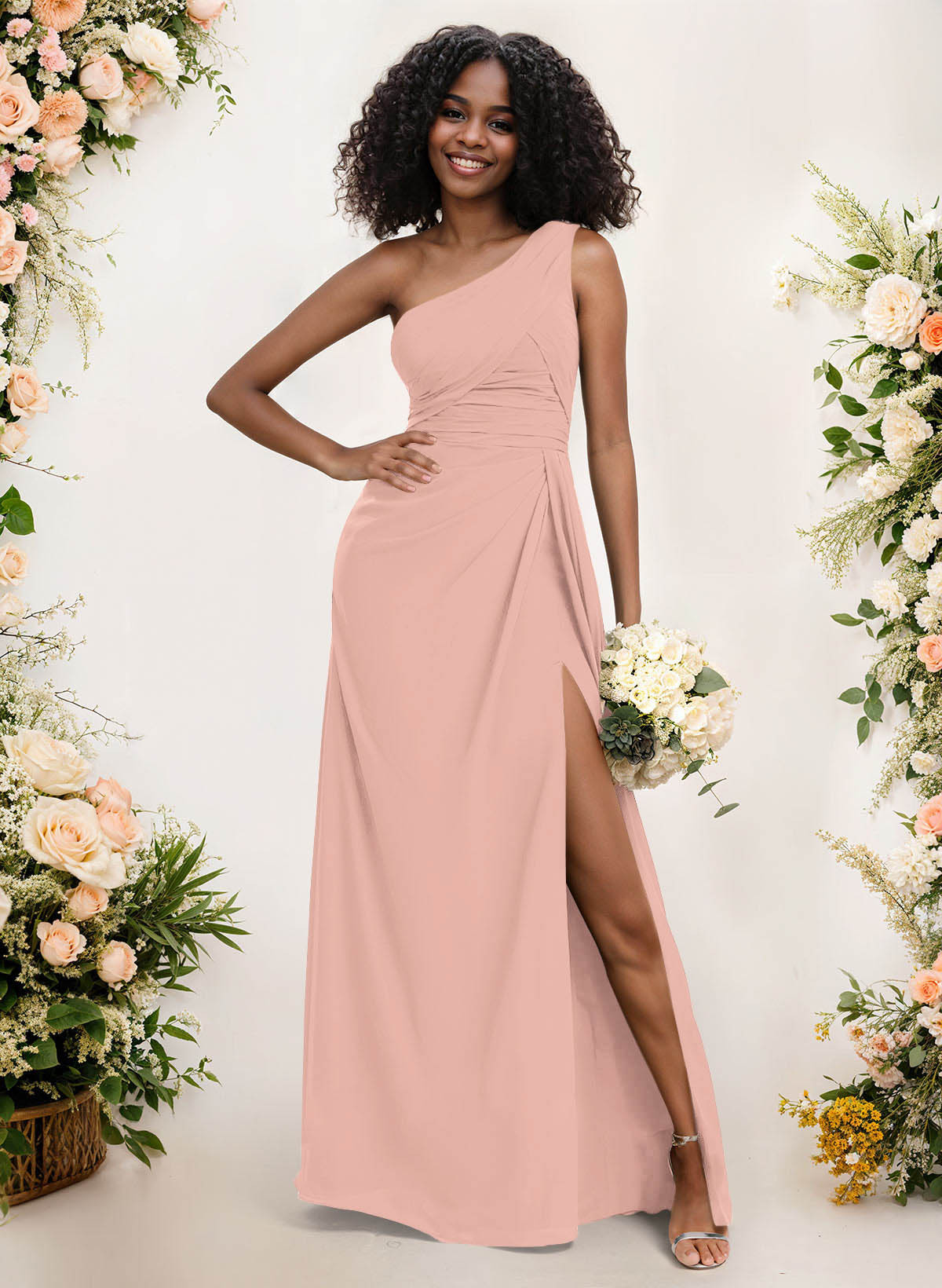 A-Line One-Shoulder Sleeveless Chiffon Bridesmaid Dresses With High Split, product image 62