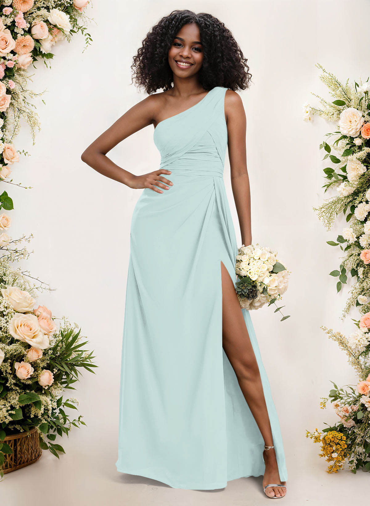 A-Line One-Shoulder Sleeveless Chiffon Bridesmaid Dresses With High Split, product image 38