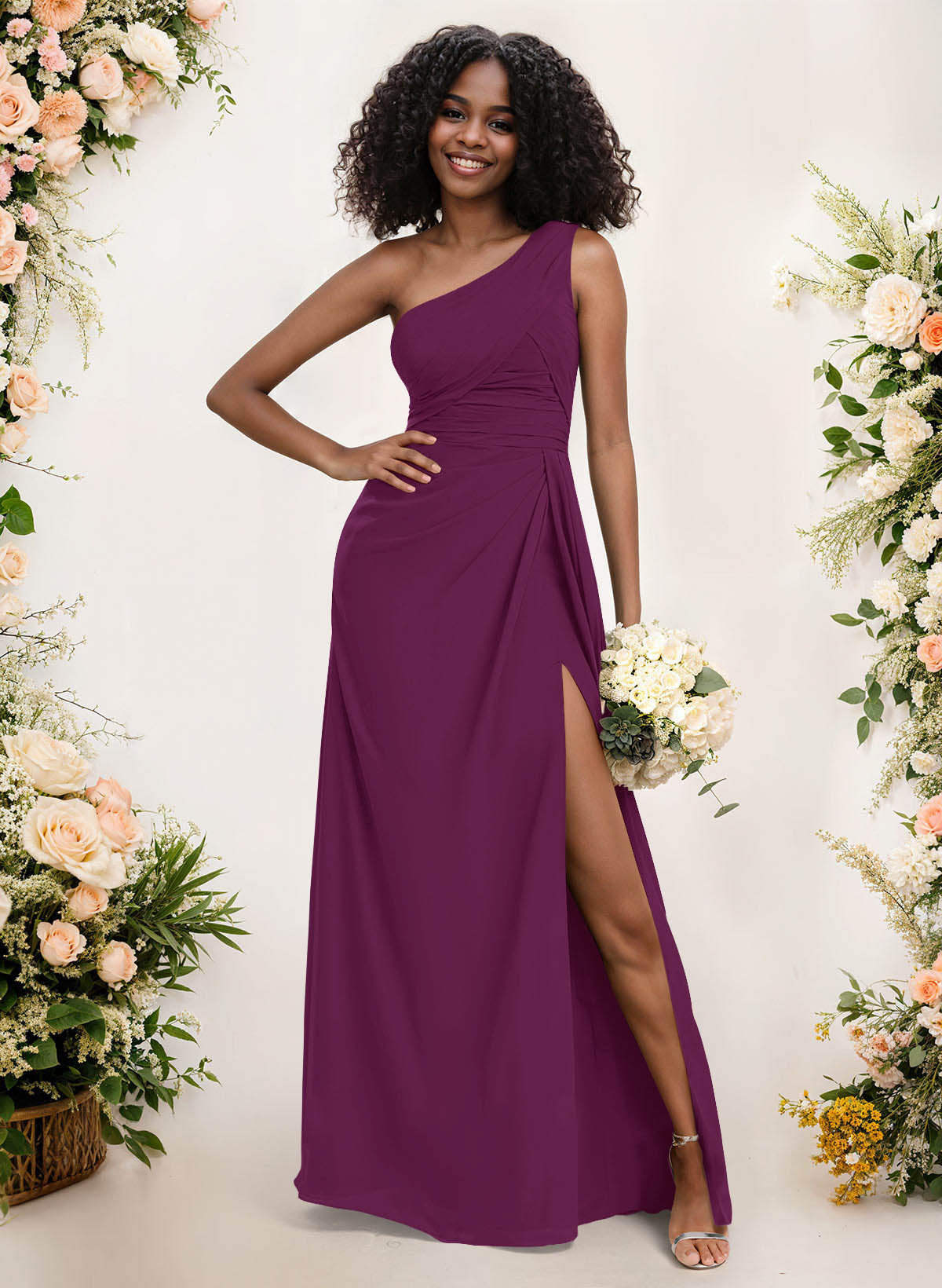 A-Line One-Shoulder Sleeveless Chiffon Bridesmaid Dresses With High Split, product image 110
