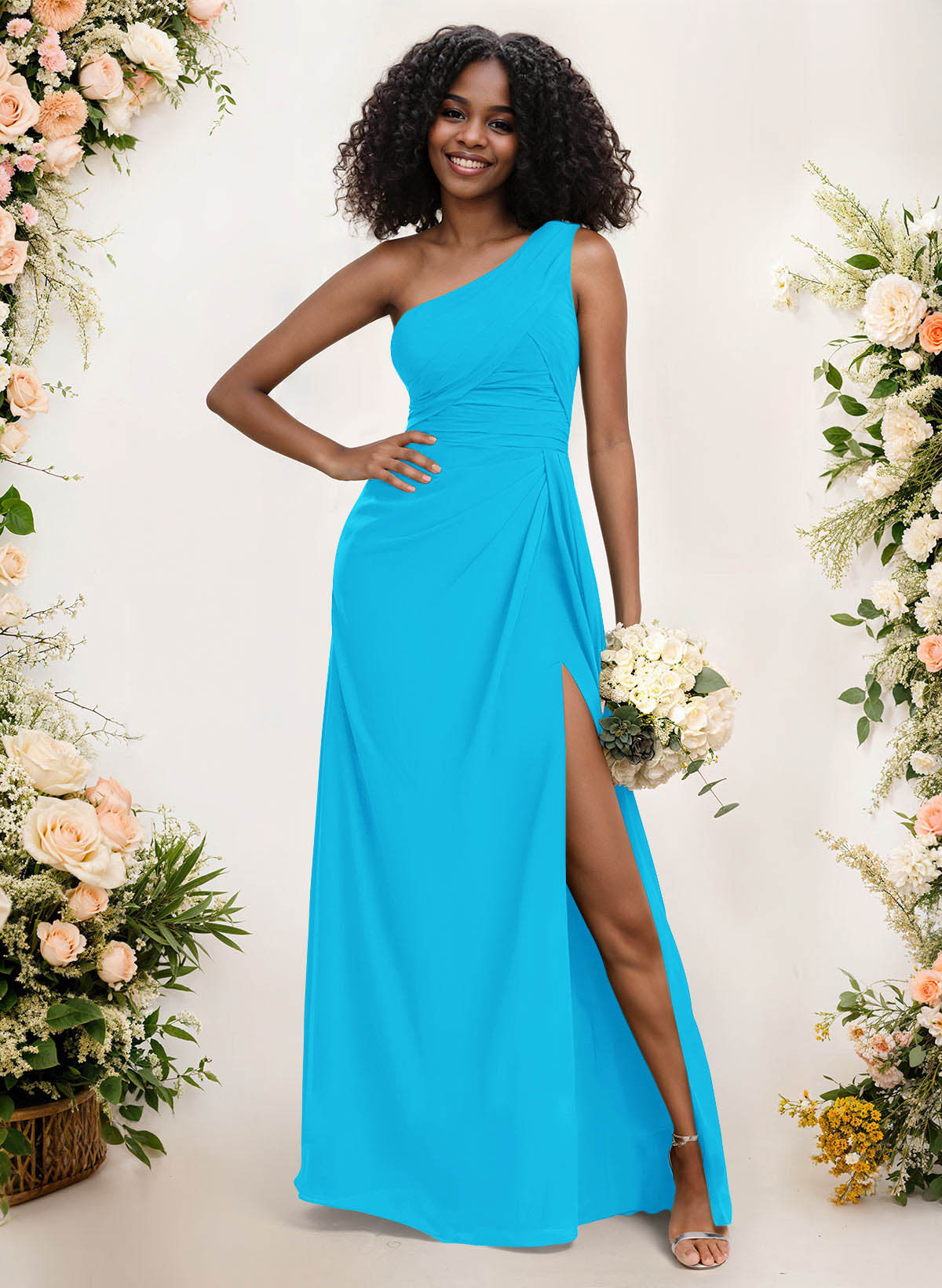 A-Line One-Shoulder Sleeveless Chiffon Bridesmaid Dresses With High Split, product image 29