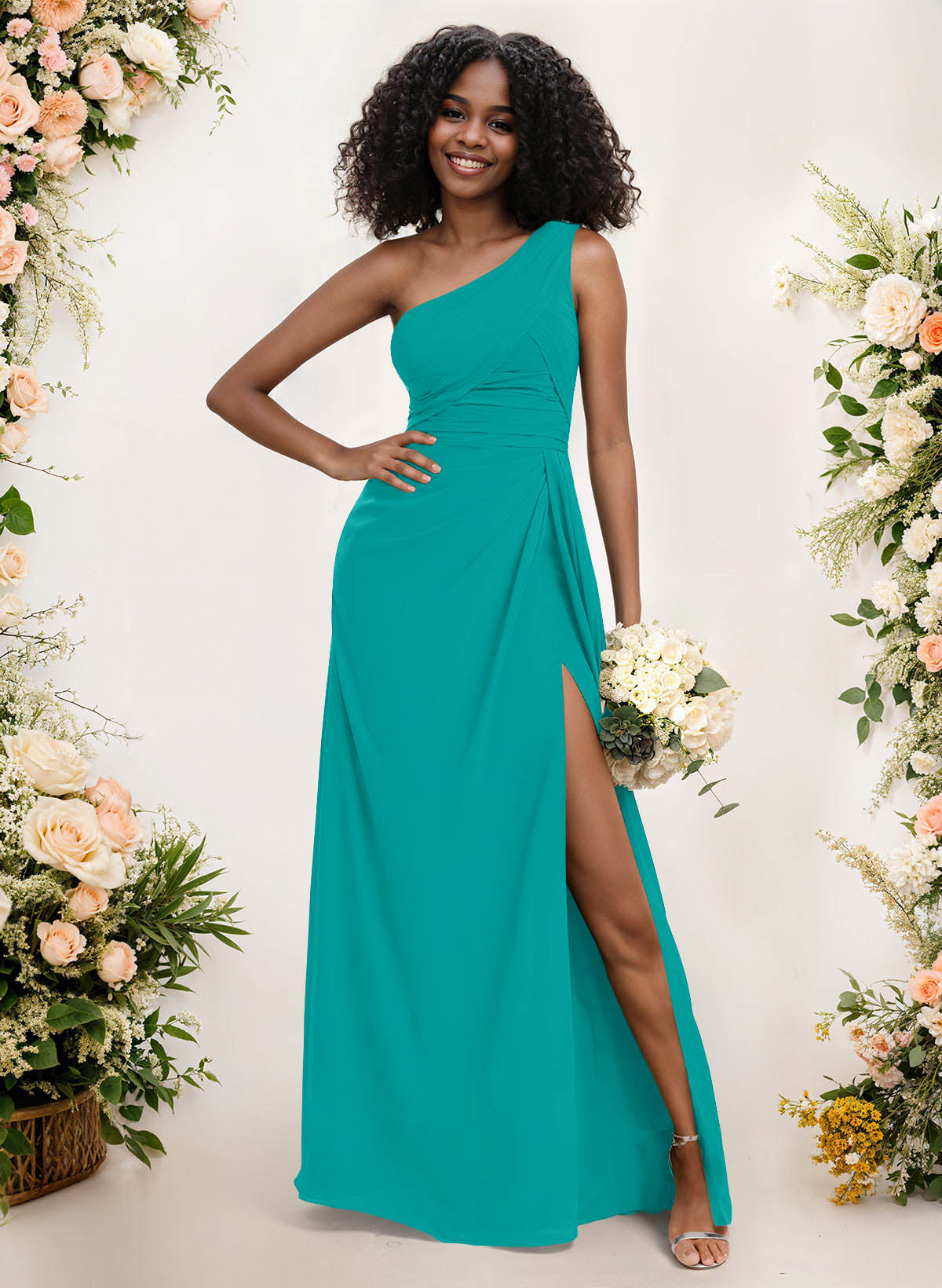 A-Line One-Shoulder Sleeveless Chiffon Bridesmaid Dresses With High Split, product image 203