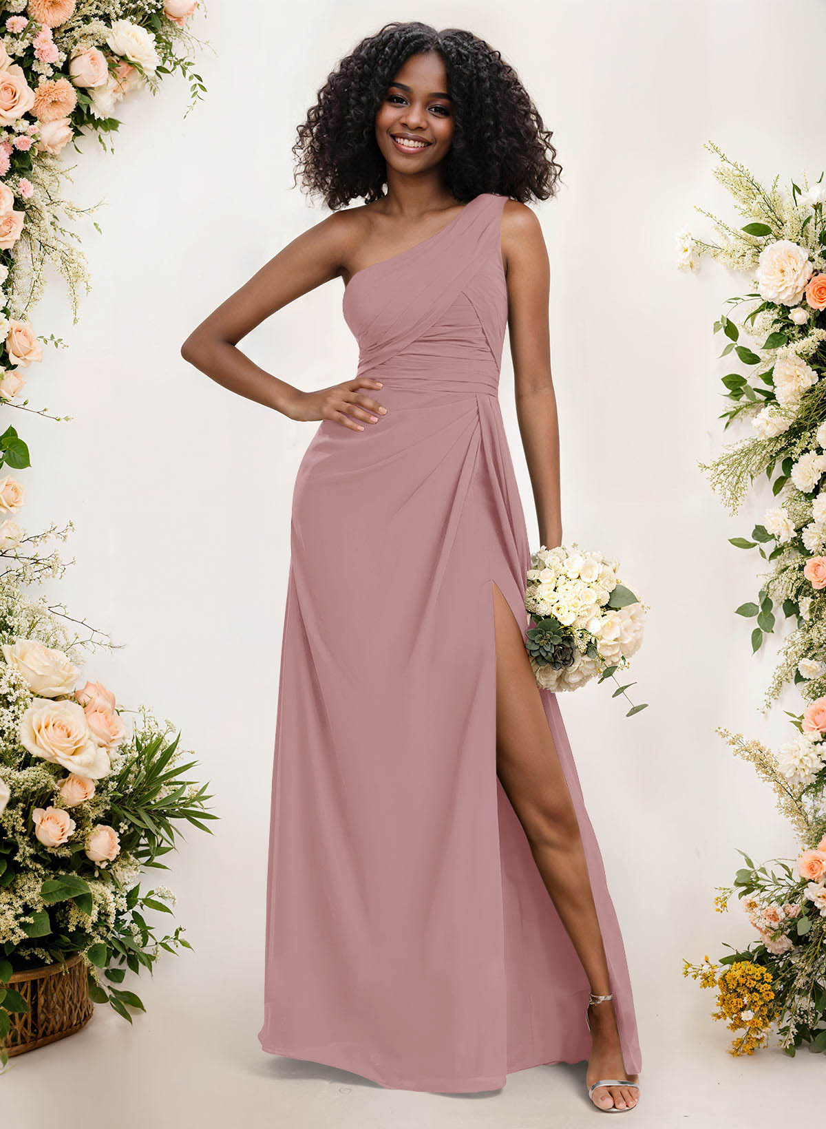 A-Line One-Shoulder Sleeveless Chiffon Bridesmaid Dresses With High Split, product image 89