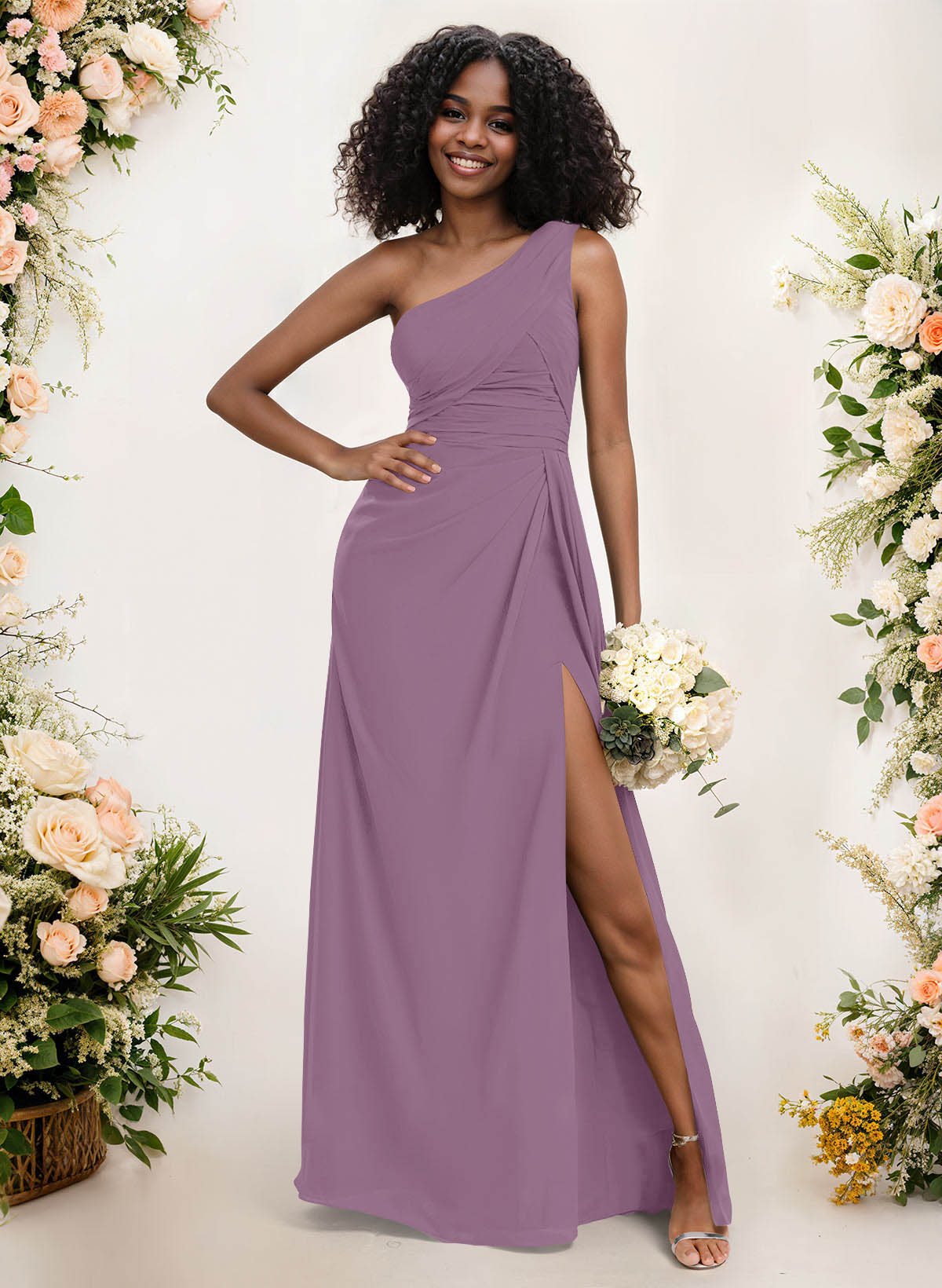 A-Line One-Shoulder Sleeveless Chiffon Bridesmaid Dresses With High Split, product image 86