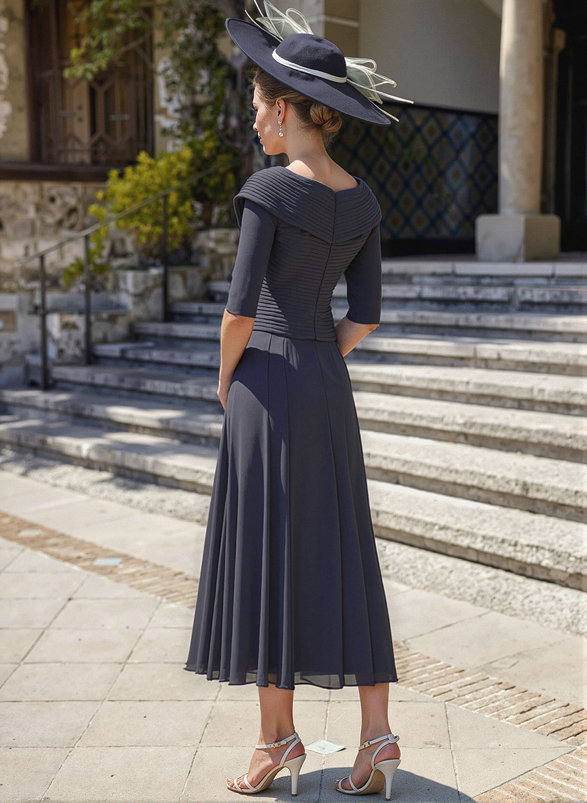 A-Line V-Neck 1/2 Sleeves Tea-Length Chiffon Mother Of The Bride Dresses With Pleated