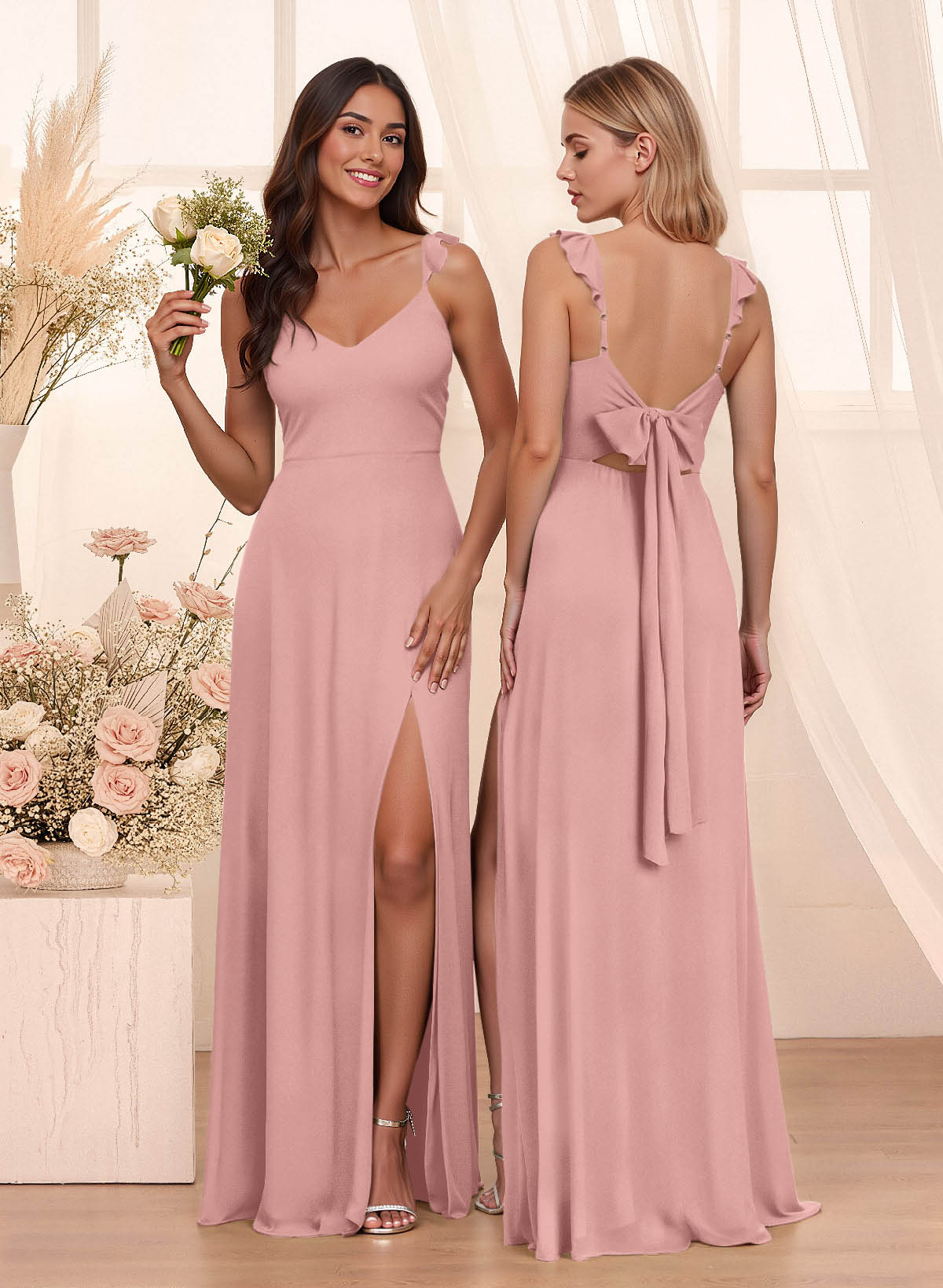 Simple V-Neck A-Line Floor-Length Chiffon Bridesmaid Dresses With Bow(s), product image 93