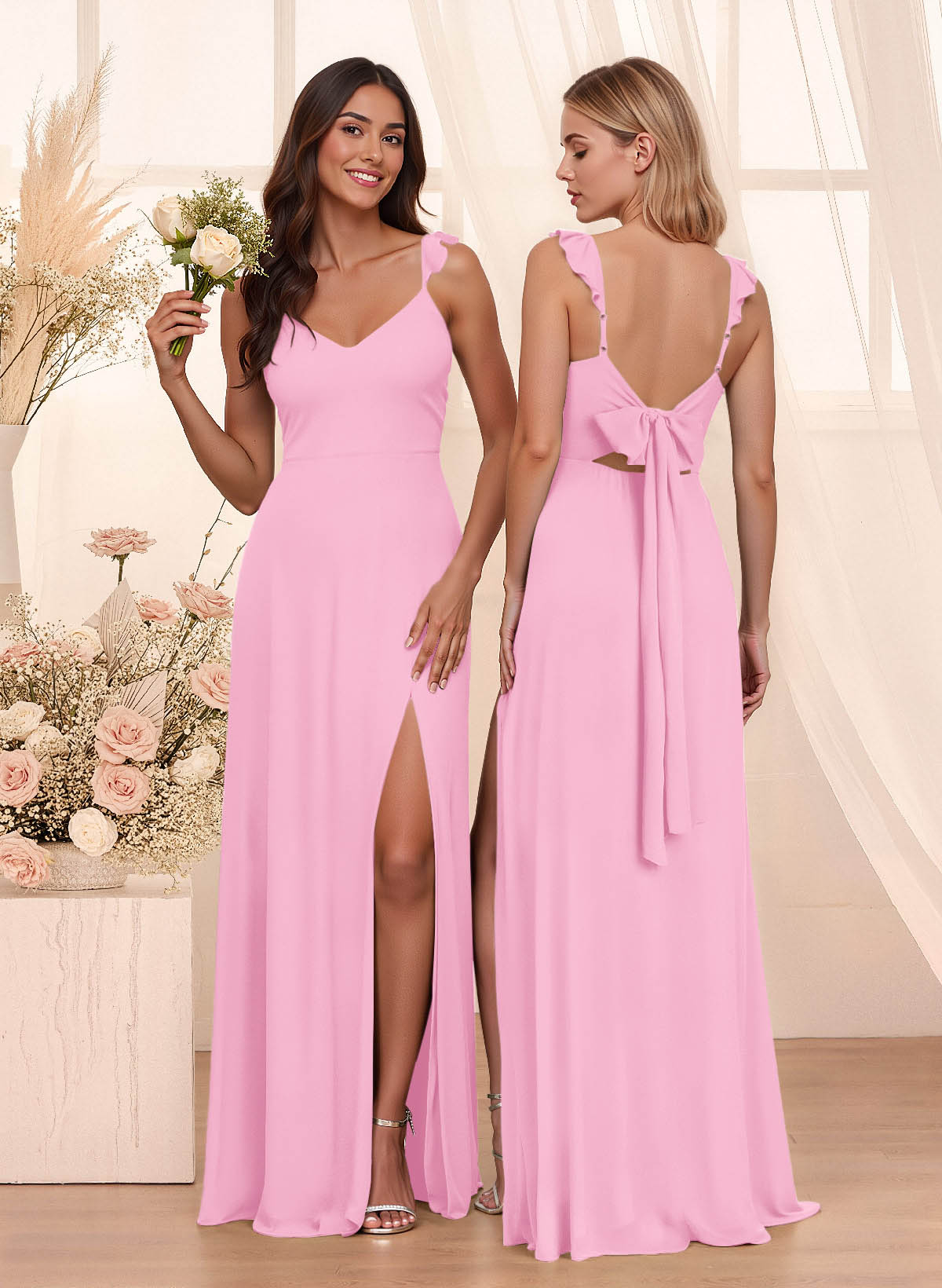 Simple V-Neck A-Line Floor-Length Chiffon Bridesmaid Dresses With Bow(s), product image 85
