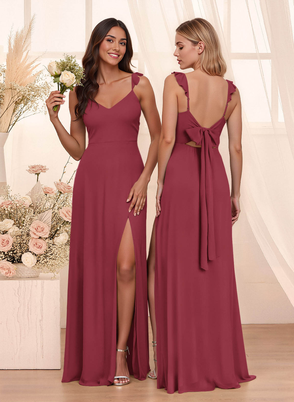 Simple V-Neck A-Line Floor-Length Chiffon Bridesmaid Dresses With Bow(s), product image 107