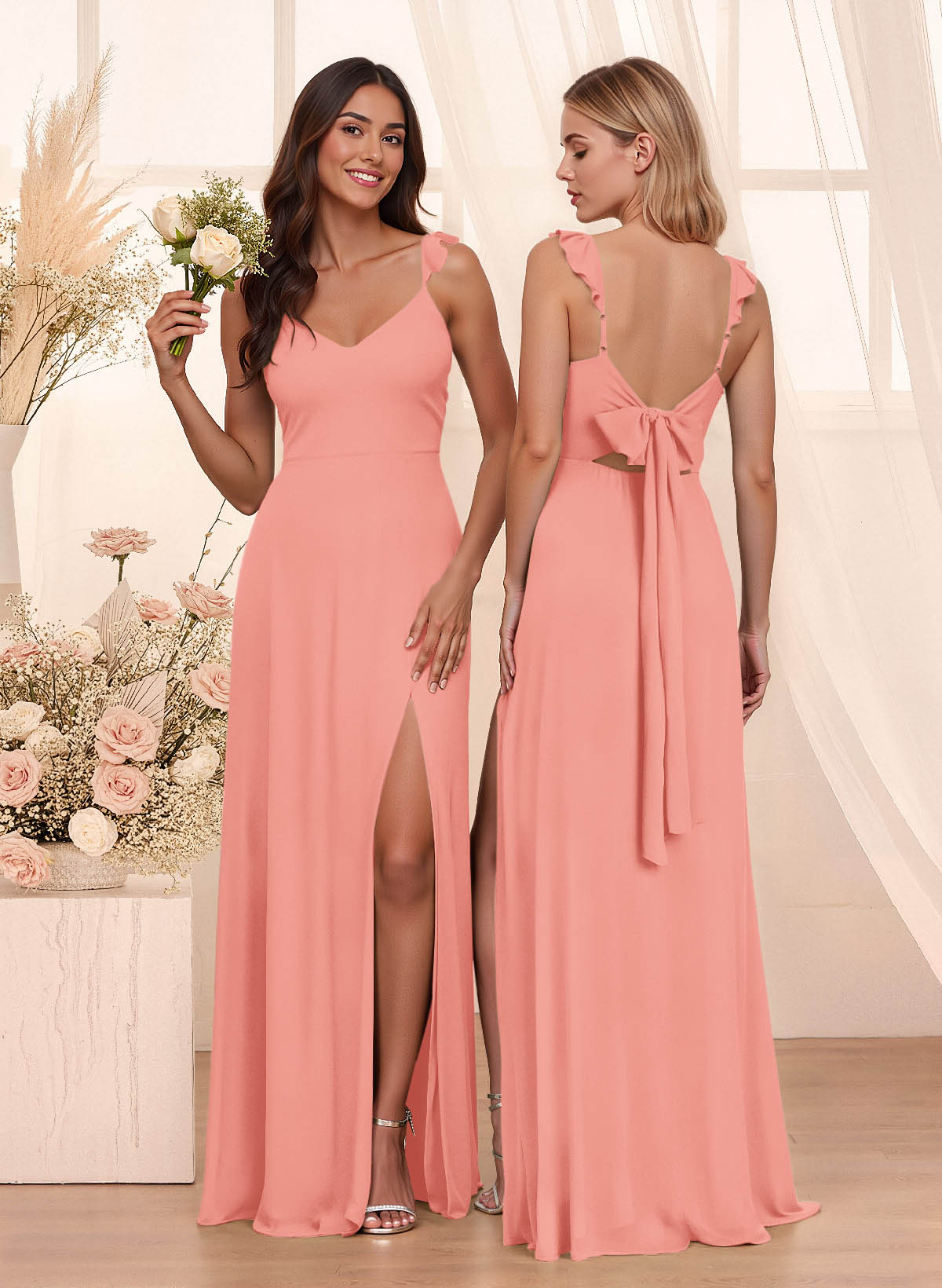 Simple V-Neck A-Line Floor-Length Chiffon Bridesmaid Dresses With Bow(s), product image 89