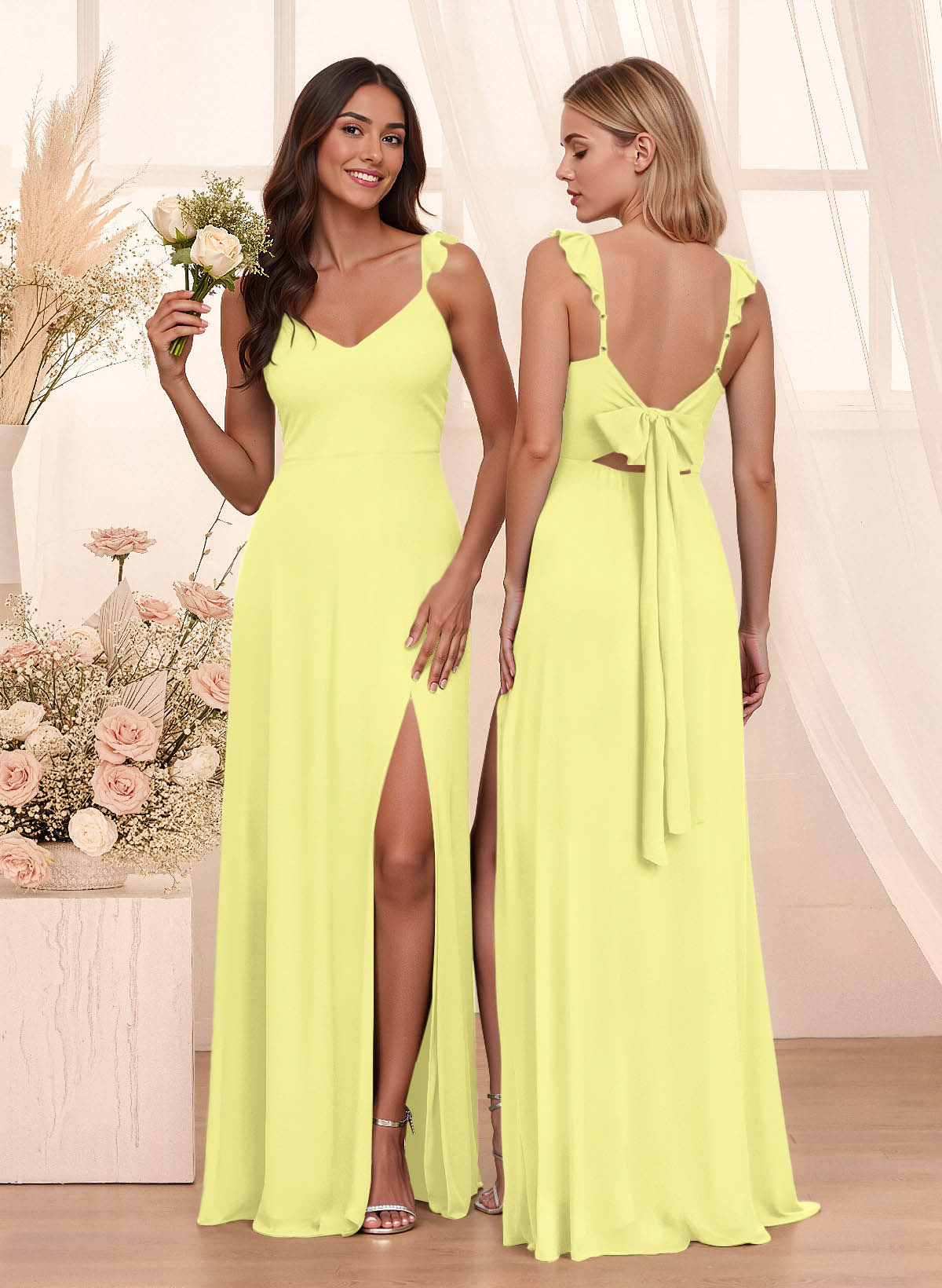 Simple V-Neck A-Line Floor-Length Chiffon Bridesmaid Dresses With Bow(s), product image 37