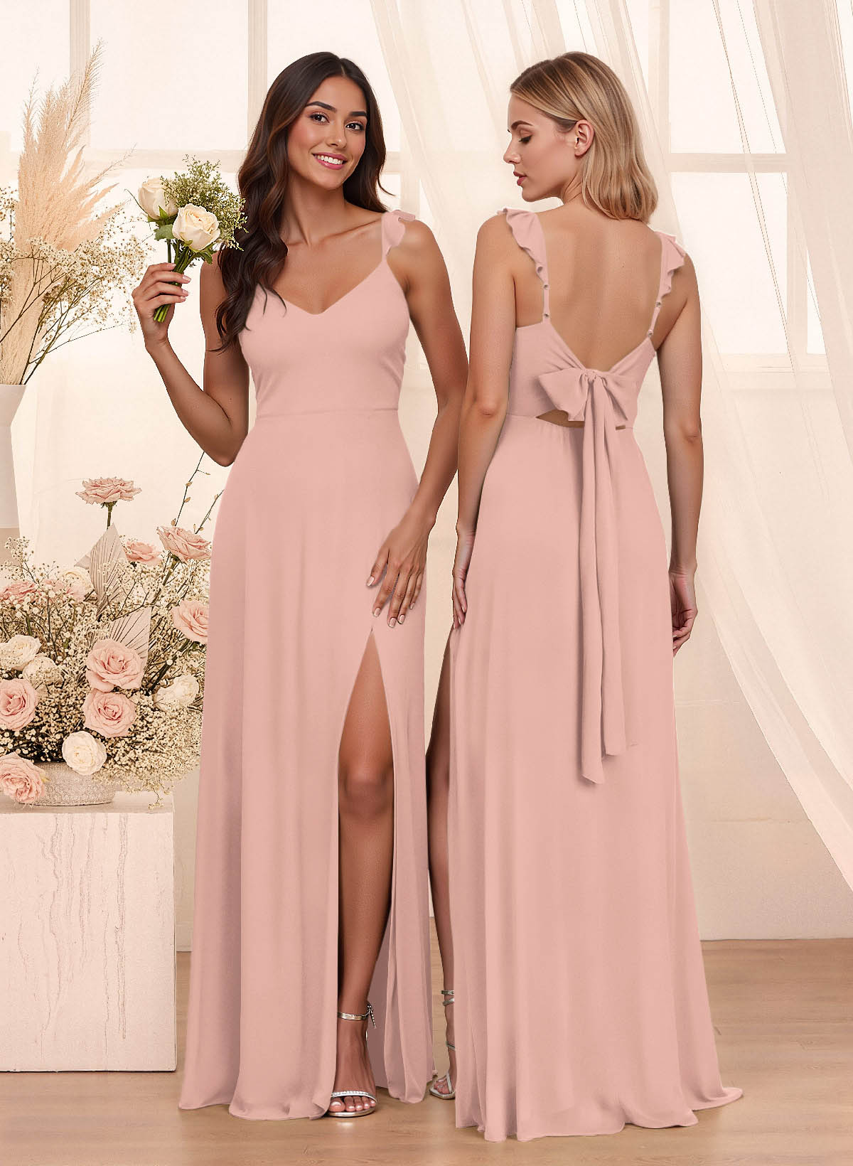 Simple V-Neck A-Line Floor-Length Chiffon Bridesmaid Dresses With Bow(s), product image 97