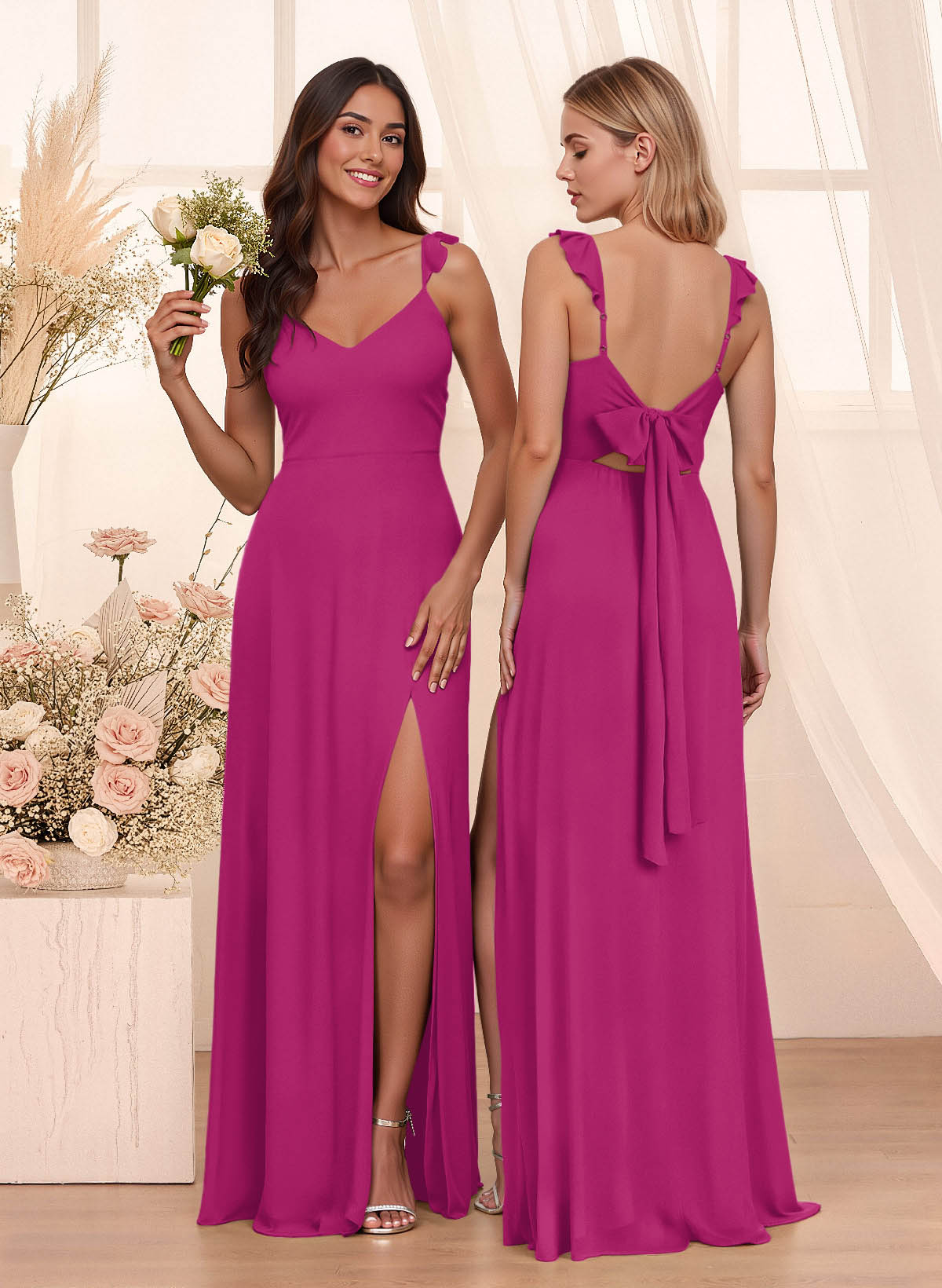 Simple V-Neck A-Line Floor-Length Chiffon Bridesmaid Dresses With Bow(s), product image 61