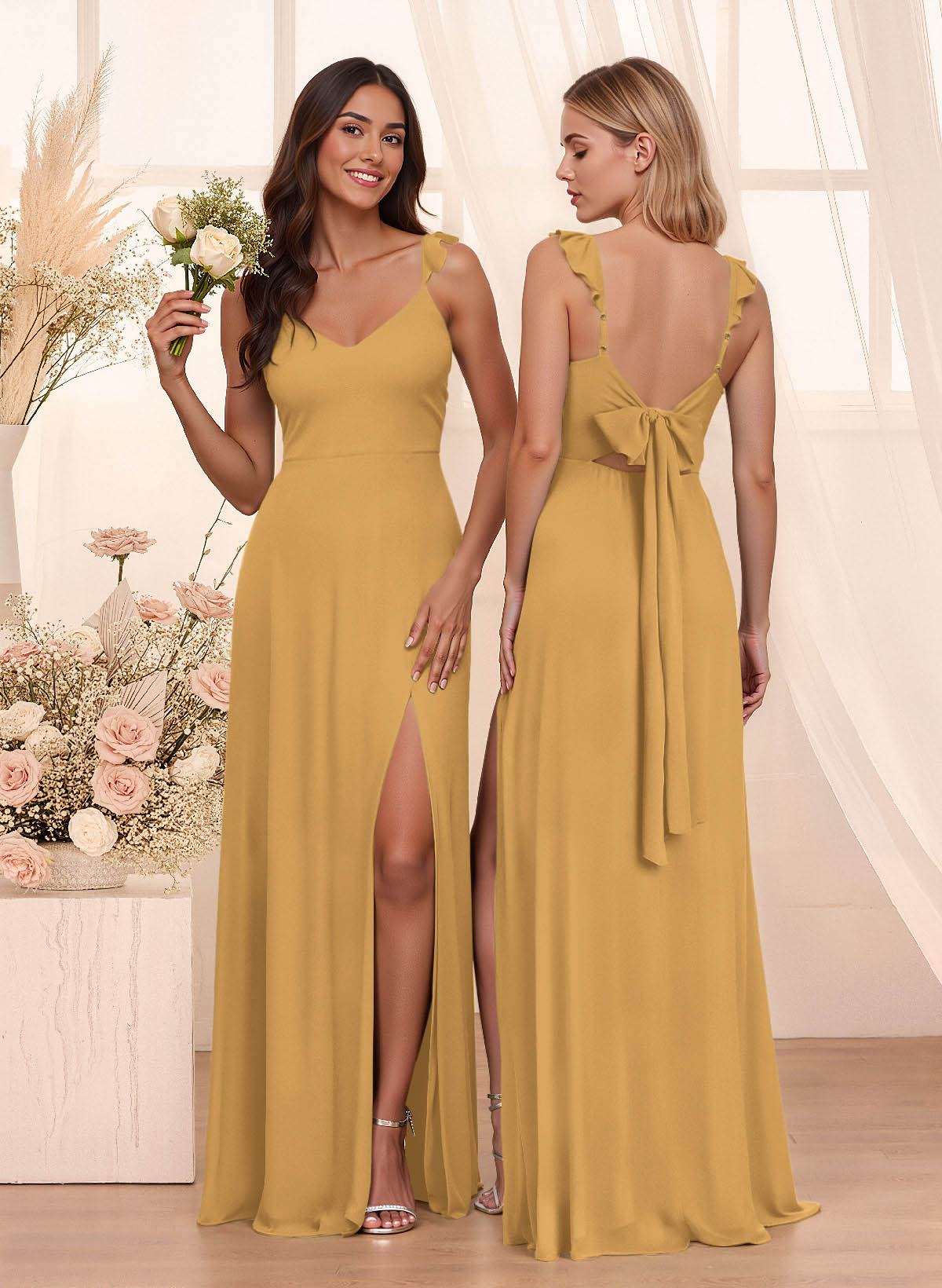 Simple V-Neck A-Line Floor-Length Chiffon Bridesmaid Dresses With Bow(s), product image 35