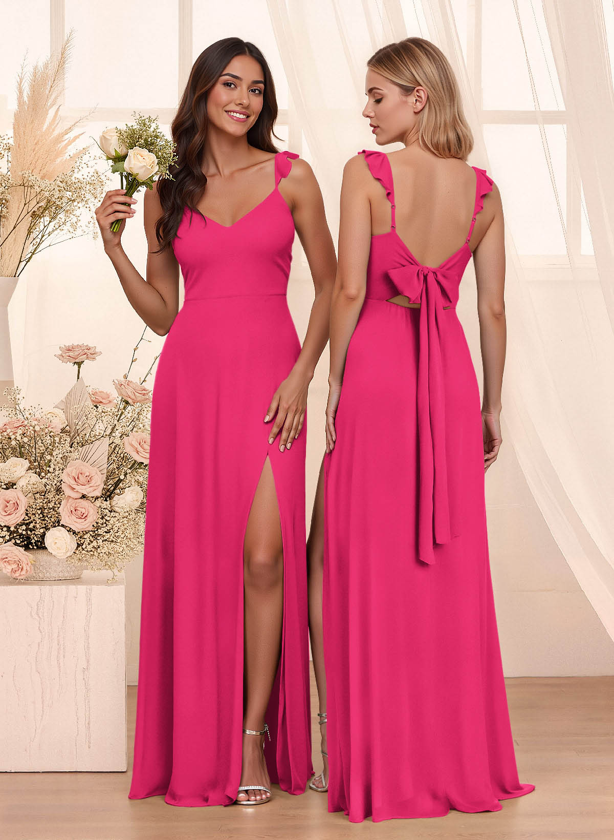 Simple V-Neck A-Line Floor-Length Chiffon Bridesmaid Dresses With Bow(s), product image 63