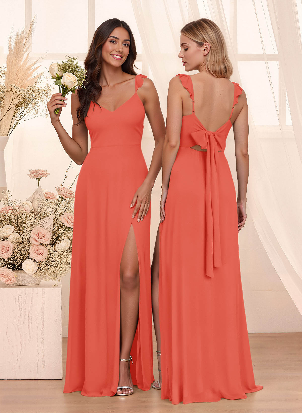 Simple V-Neck A-Line Floor-Length Chiffon Bridesmaid Dresses With Bow(s), product image 31