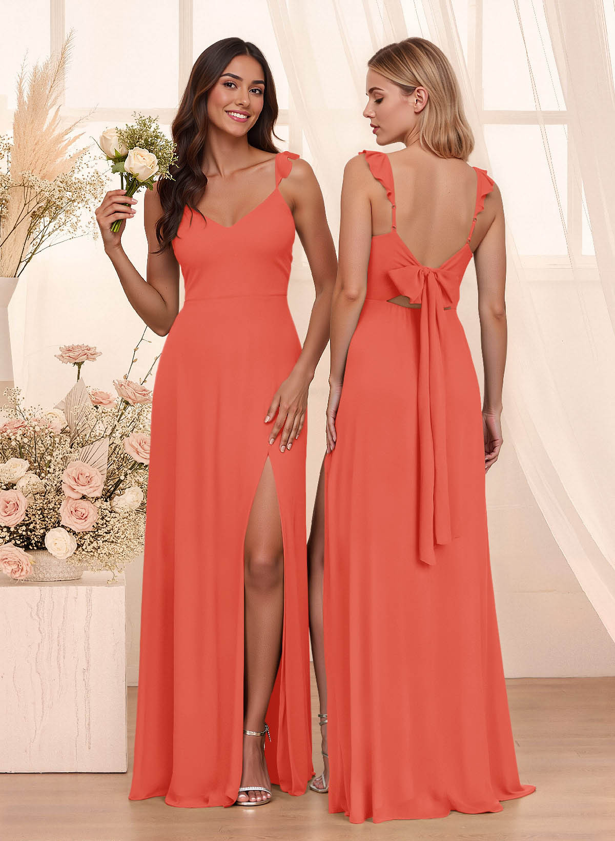 Simple V-Neck A-Line Floor-Length Chiffon Bridesmaid Dresses With Bow(s), product image 31