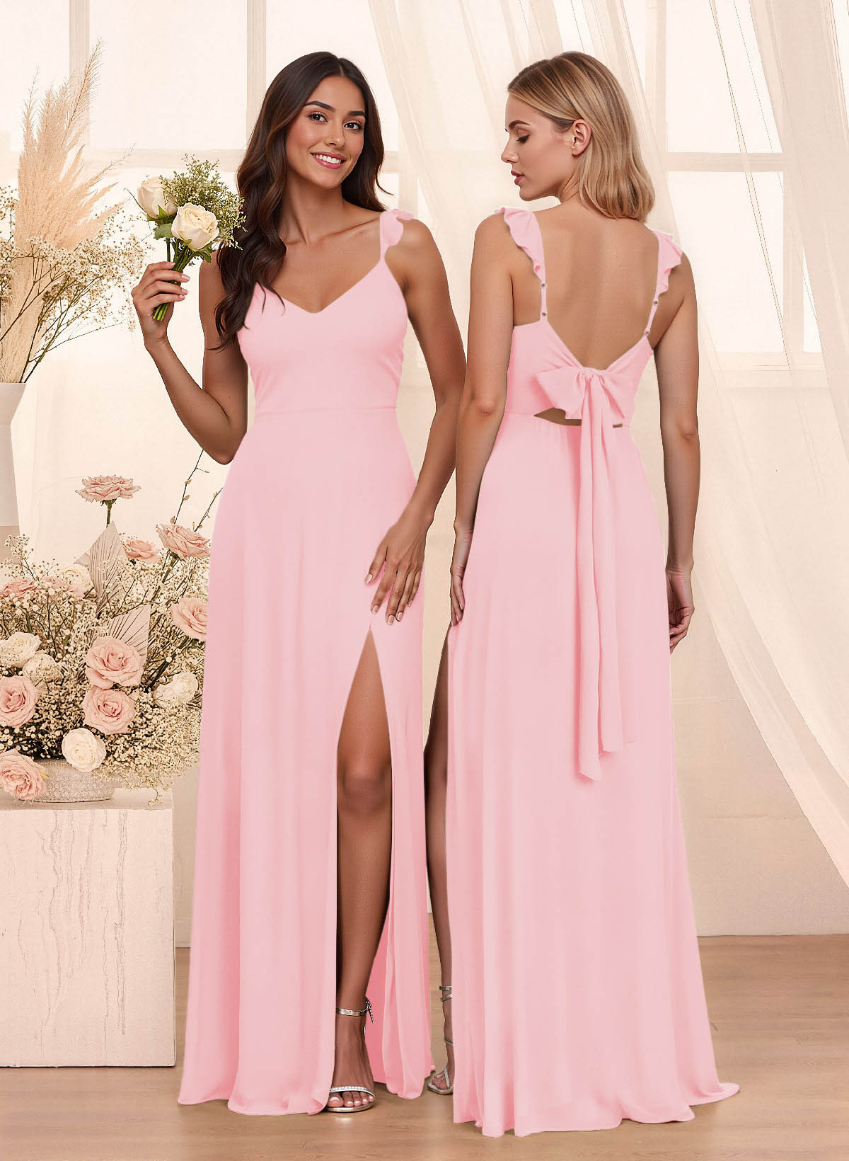Simple V-Neck A-Line Floor-Length Chiffon Bridesmaid Dresses With Bow(s), product image 91