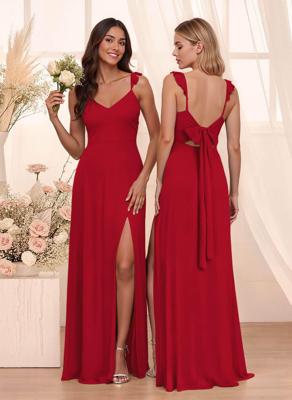 Simple V-Neck A-Line Floor-Length Chiffon Bridesmaid Dresses With Bow(s), product image 103
