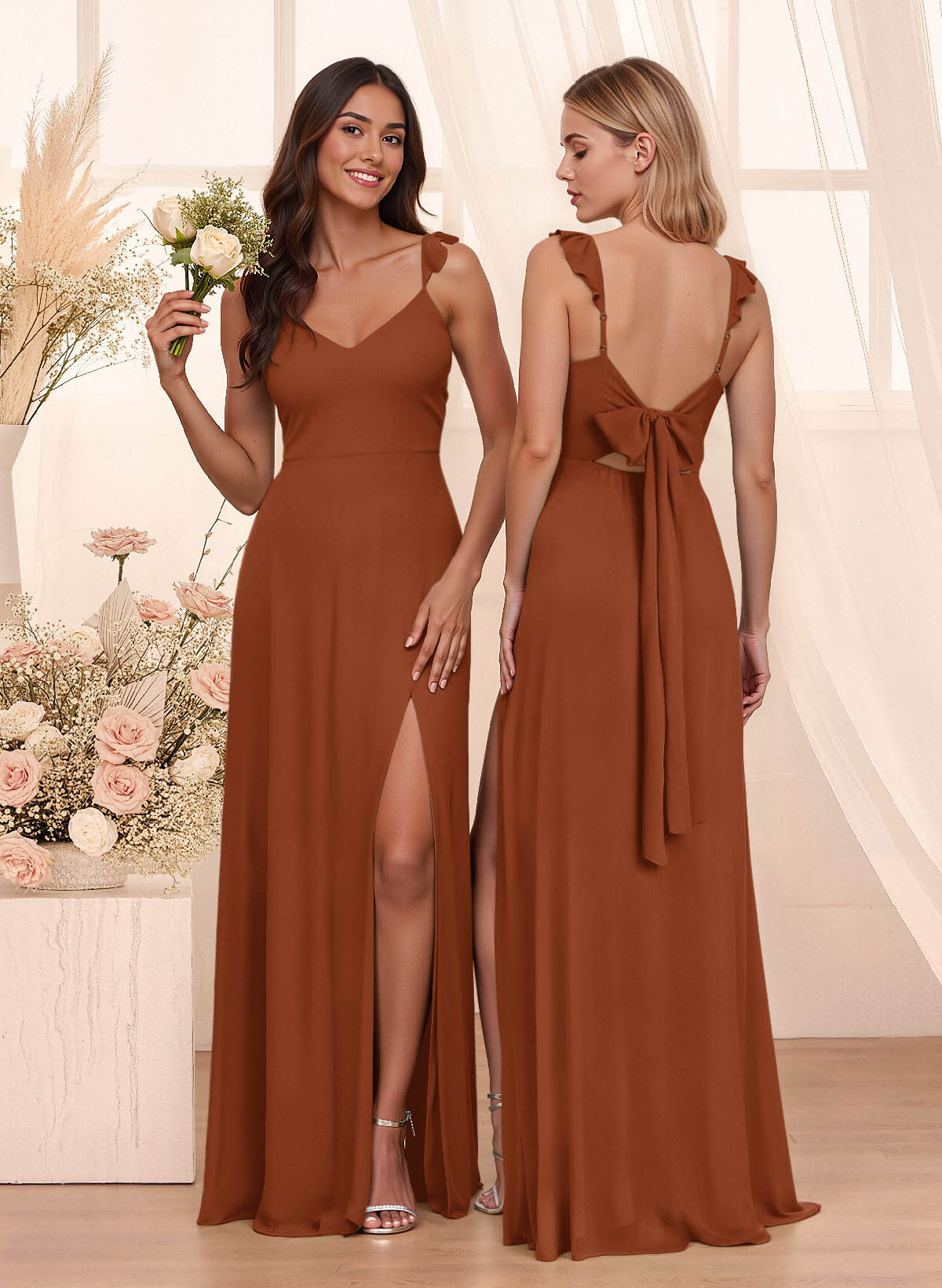 Simple V-Neck A-Line Floor-Length Chiffon Bridesmaid Dresses With Bow(s), product image 5
