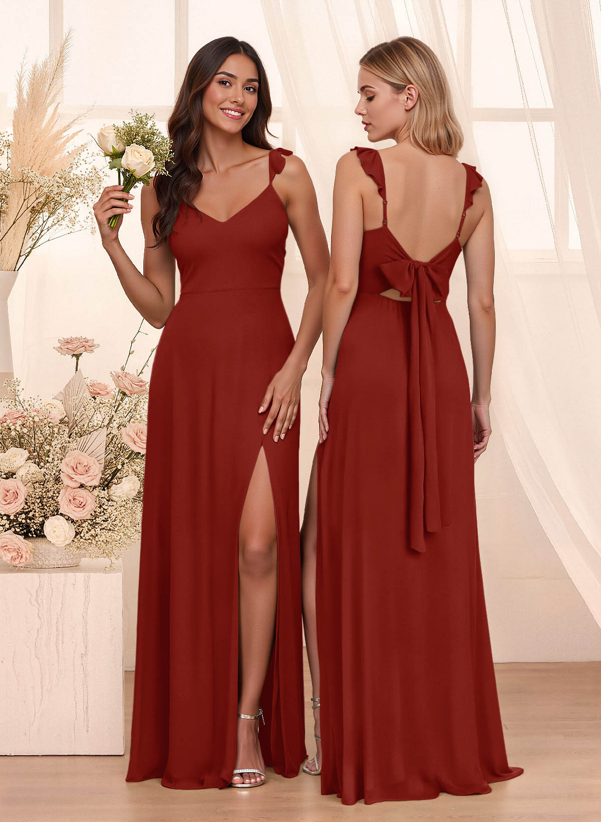 Simple V-Neck A-Line Floor-Length Chiffon Bridesmaid Dresses With Bow(s), product image 101