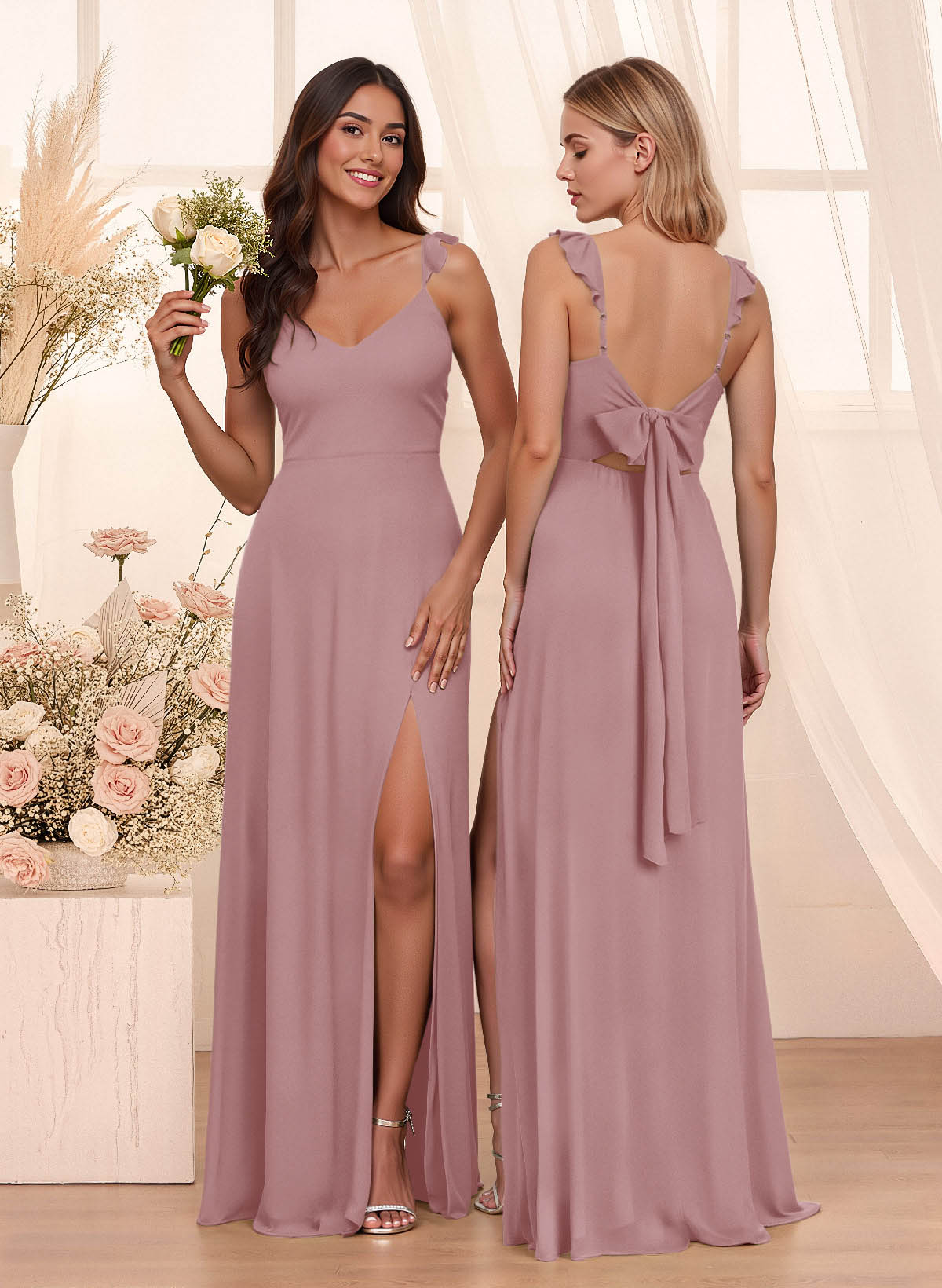 Simple V-Neck A-Line Floor-Length Chiffon Bridesmaid Dresses With Bow(s), product image 79