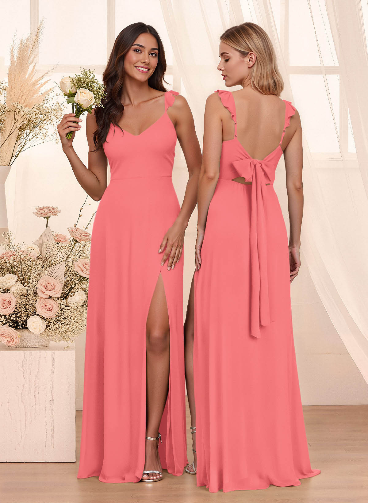 Simple V-Neck A-Line Floor-Length Chiffon Bridesmaid Dresses With Bow(s), product image 99