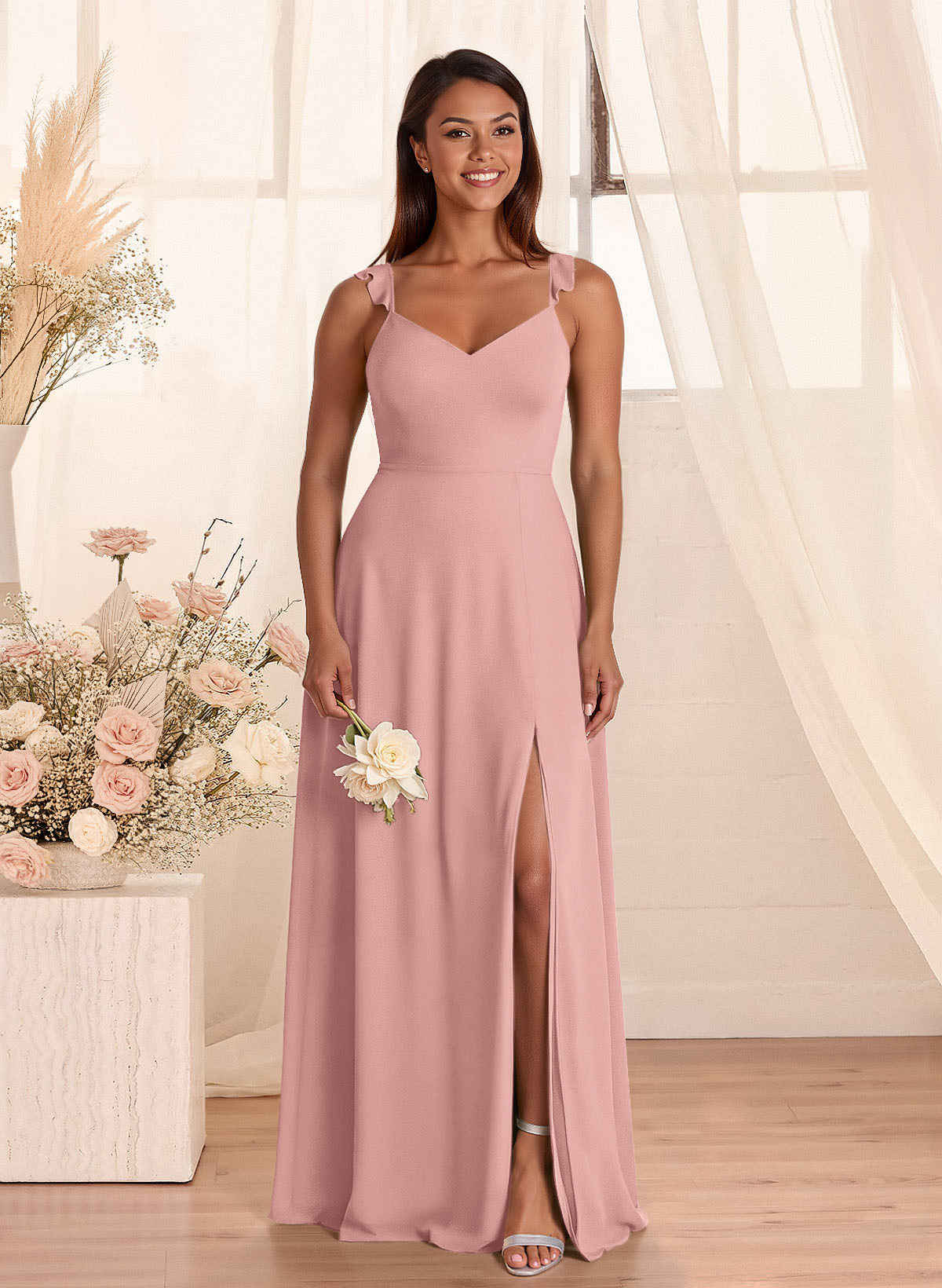 Simple V-Neck A-Line Floor-Length Chiffon Bridesmaid Dresses With Bow(s), product image 94