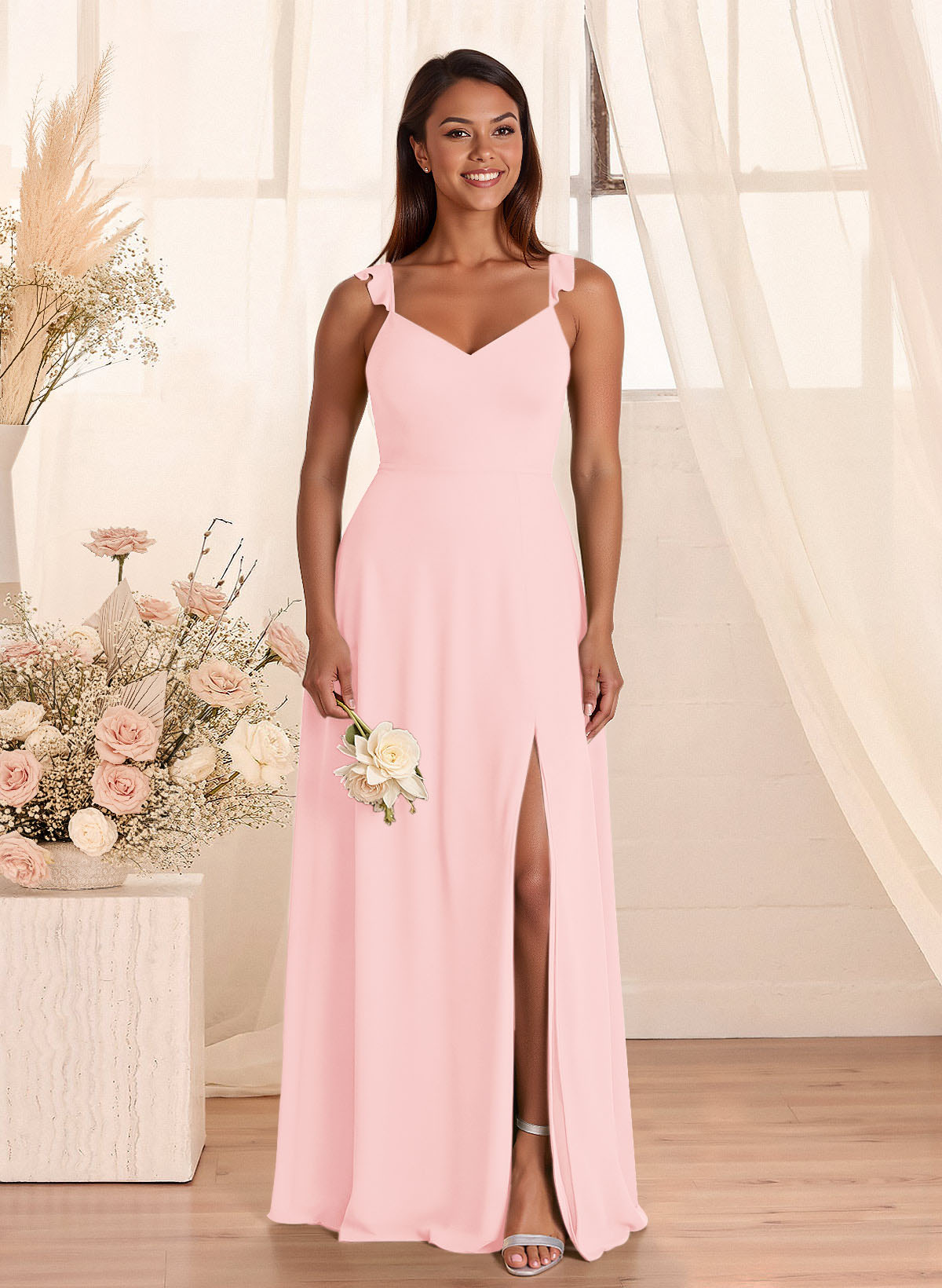 Simple V-Neck A-Line Floor-Length Chiffon Bridesmaid Dresses With Bow(s), product image 88