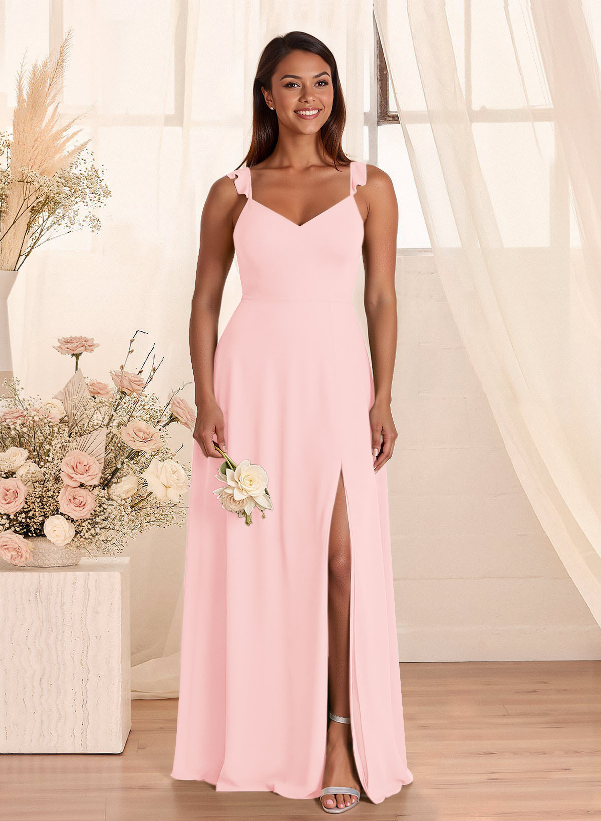Simple V-Neck A-Line Floor-Length Chiffon Bridesmaid Dresses With Bow(s), product image 88