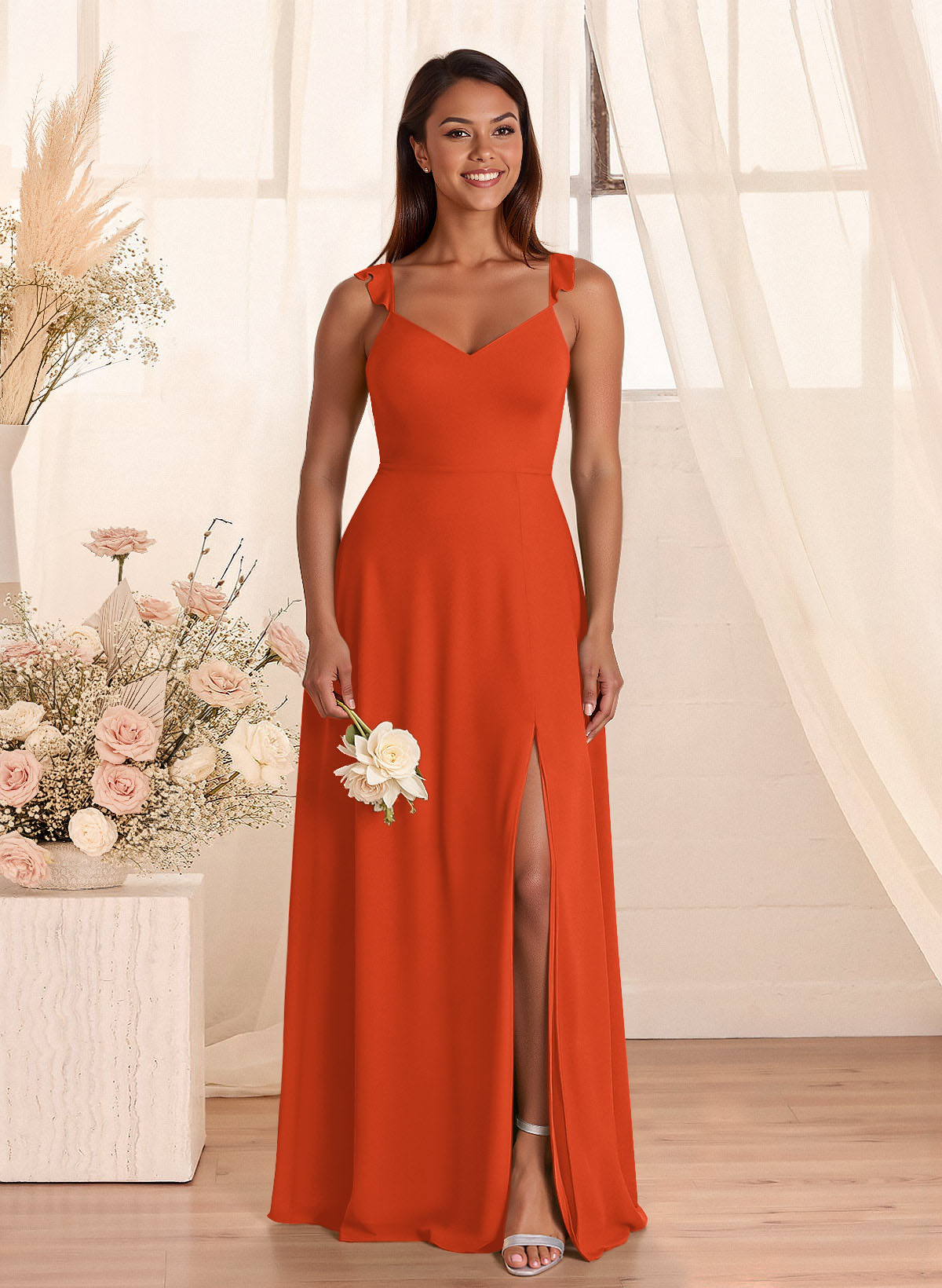 Simple V-Neck A-Line Floor-Length Chiffon Bridesmaid Dresses With Bow(s), product image 16