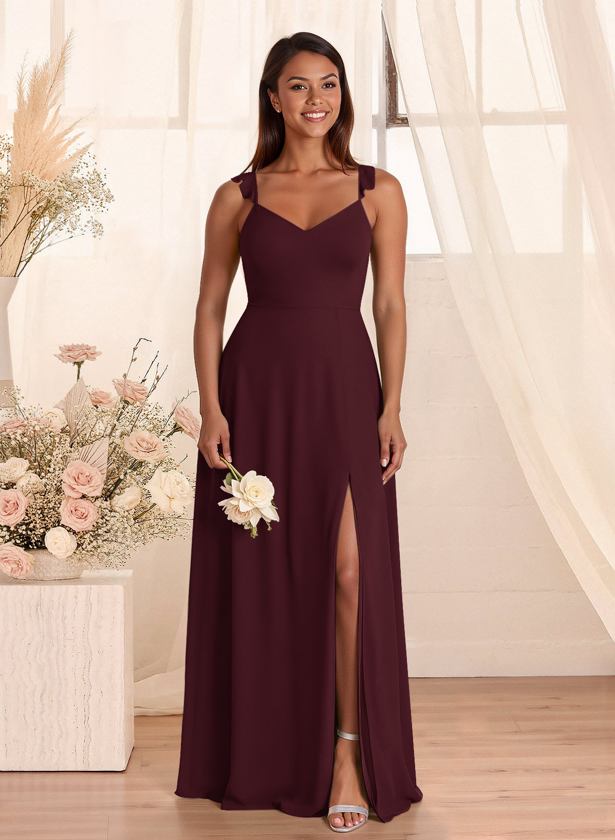 Simple V-Neck A-Line Floor-Length Chiffon Bridesmaid Dresses With Bow(s), product image 112