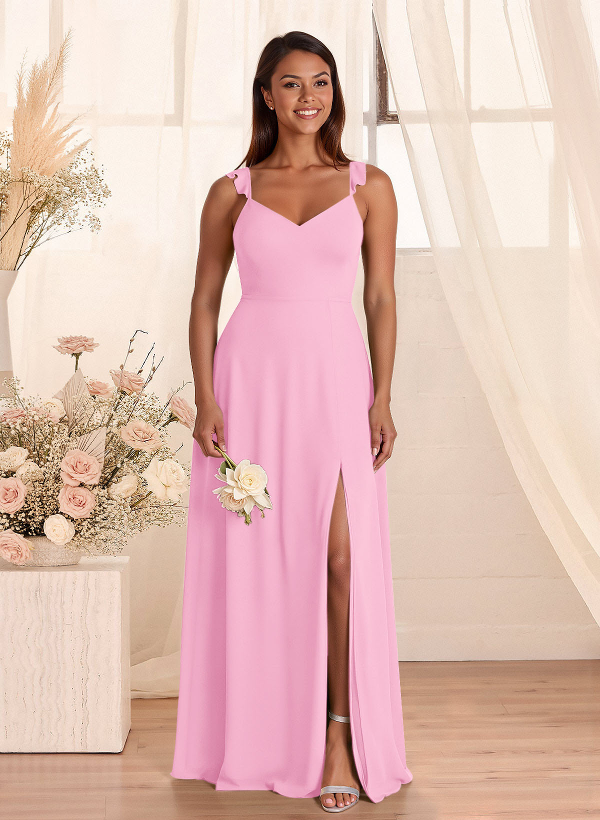 Simple V-Neck A-Line Floor-Length Chiffon Bridesmaid Dresses With Bow(s), product image 86