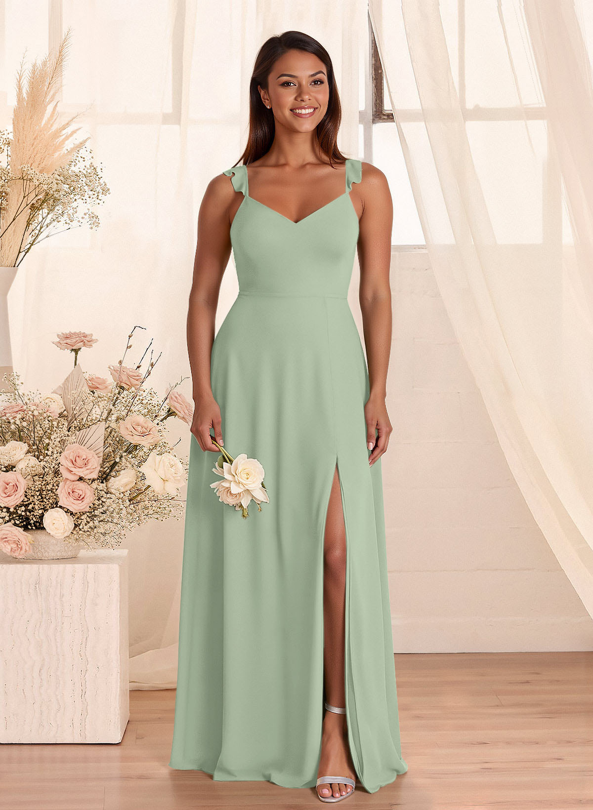 Simple V-Neck A-Line Floor-Length Chiffon Bridesmaid Dresses With Bow(s), product image 50