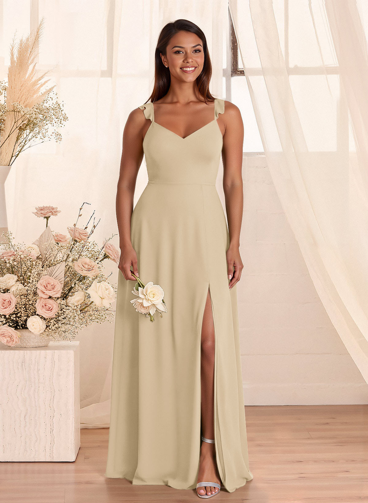 Simple V-Neck A-Line Floor-Length Chiffon Bridesmaid Dresses With Bow(s), product image 42