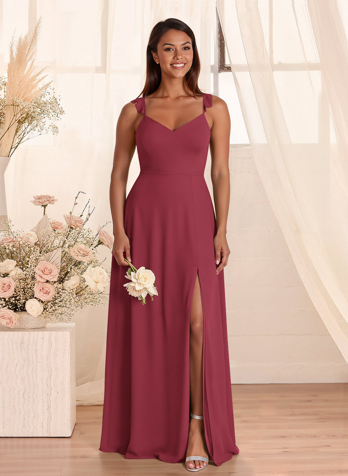 Simple V-Neck A-Line Floor-Length Chiffon Bridesmaid Dresses With Bow(s), product image 108