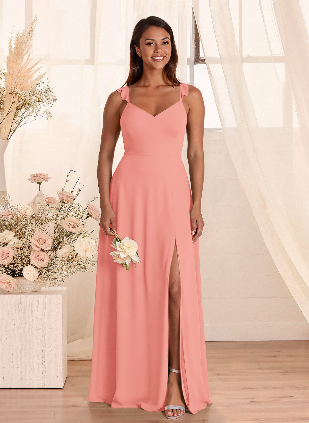 Simple V-Neck A-Line Floor-Length Chiffon Bridesmaid Dresses With Bow(s), product image 90