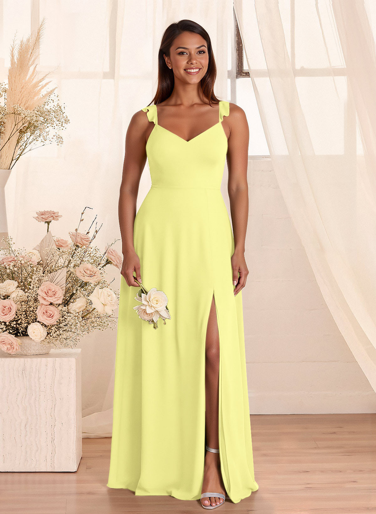 Simple V-Neck A-Line Floor-Length Chiffon Bridesmaid Dresses With Bow(s), product image 38