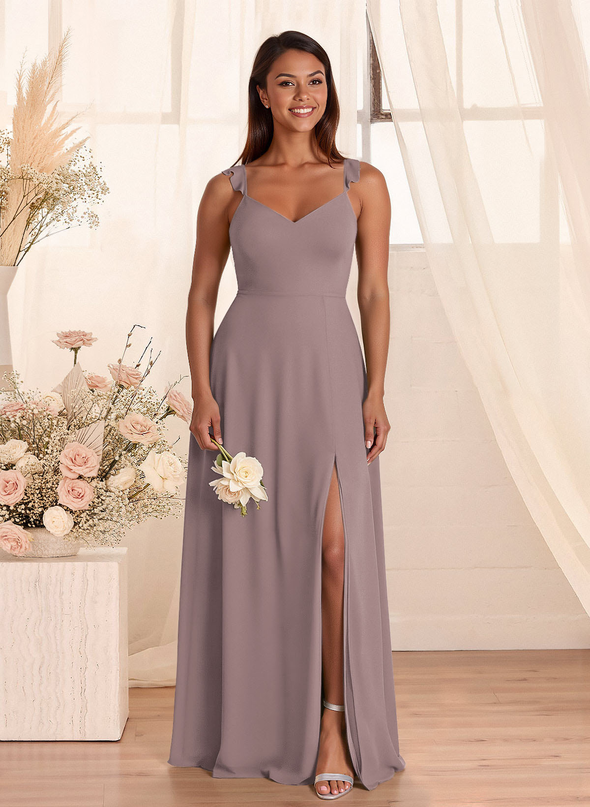 Simple V-Neck A-Line Floor-Length Chiffon Bridesmaid Dresses With Bow(s), product image 84