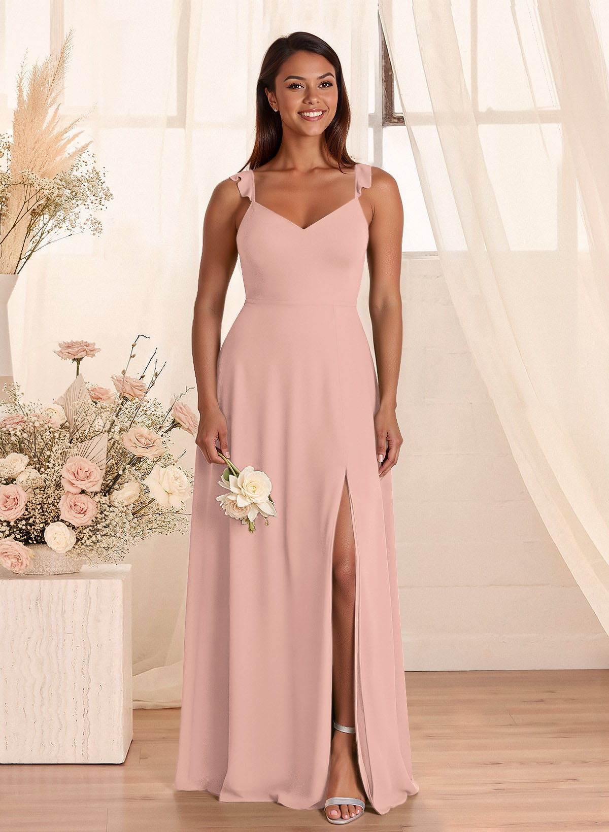 Simple V-Neck A-Line Floor-Length Chiffon Bridesmaid Dresses With Bow(s), product image 98