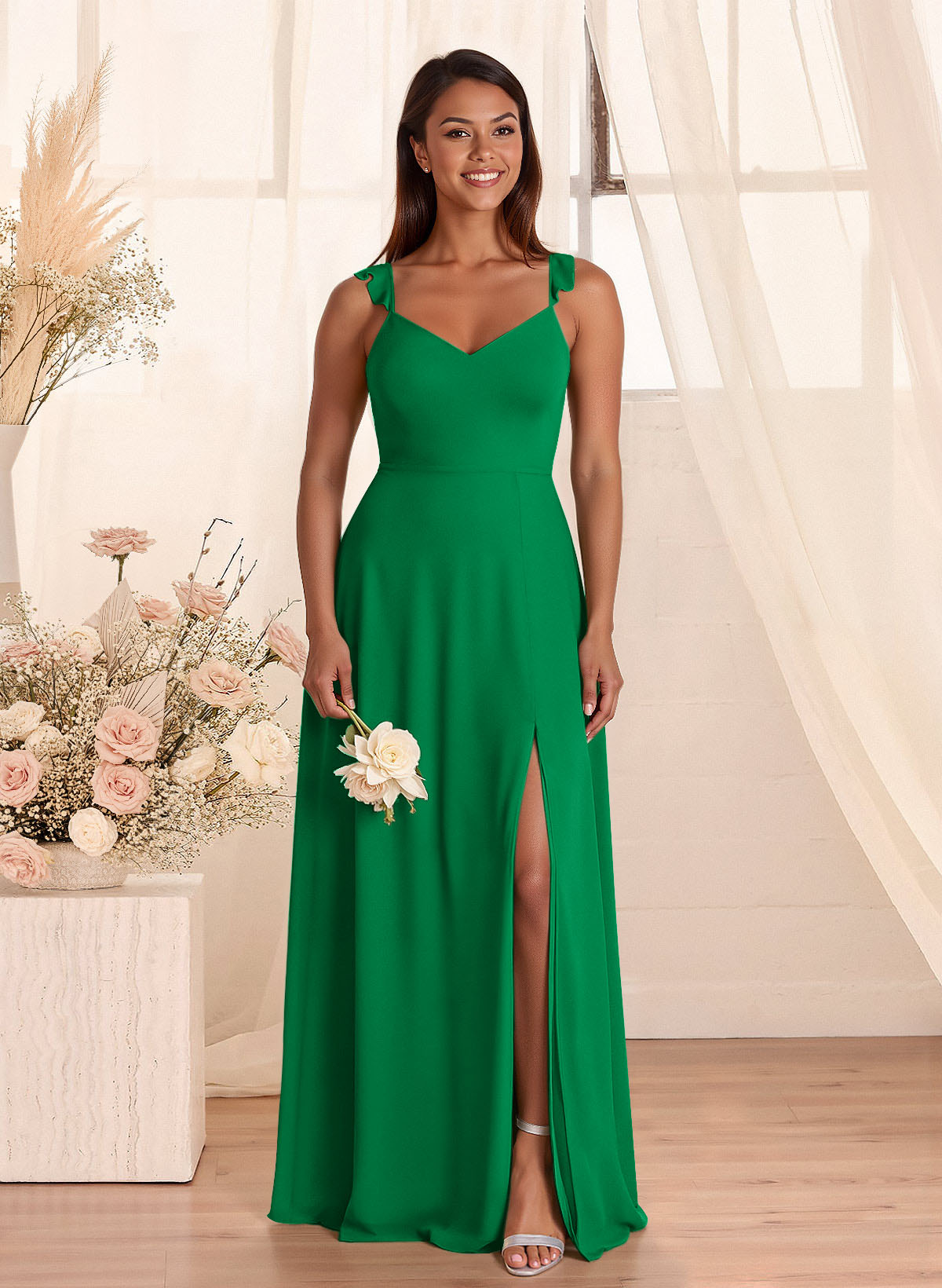 Simple V-Neck A-Line Floor-Length Chiffon Bridesmaid Dresses With Bow(s), product image 12