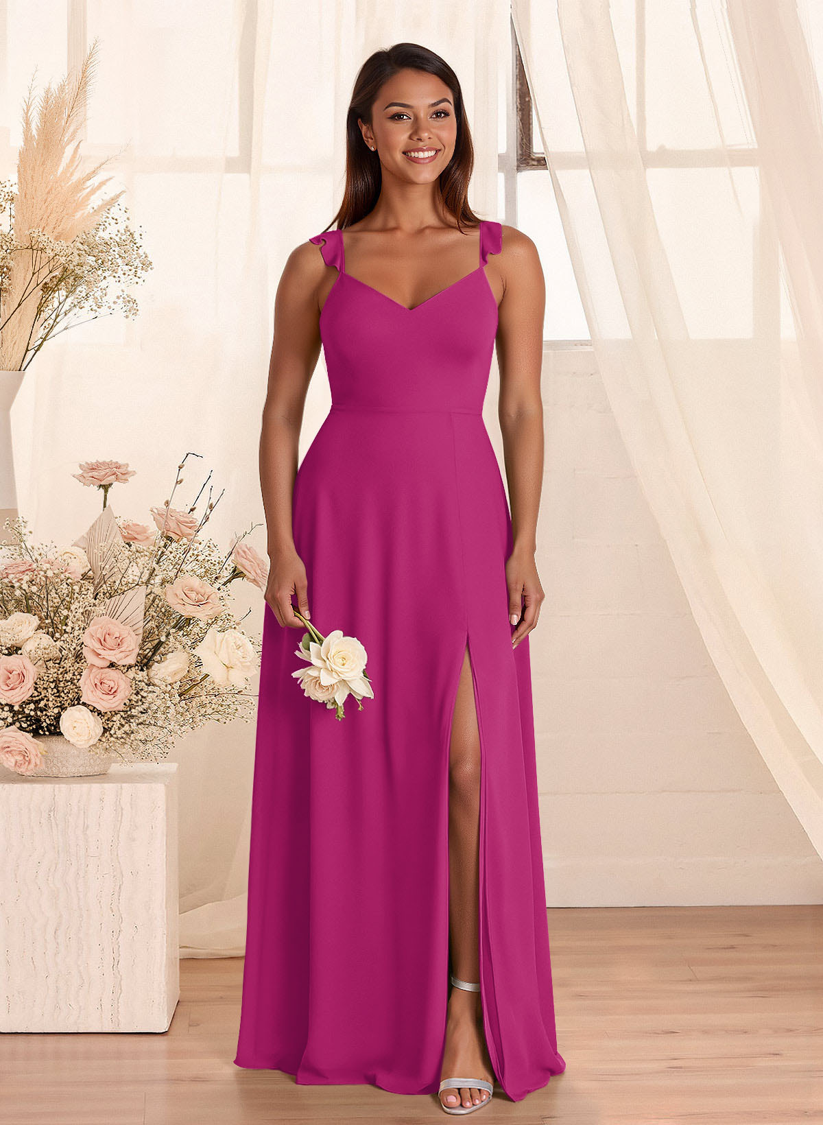 Simple V-Neck A-Line Floor-Length Chiffon Bridesmaid Dresses With Bow(s), product image 62