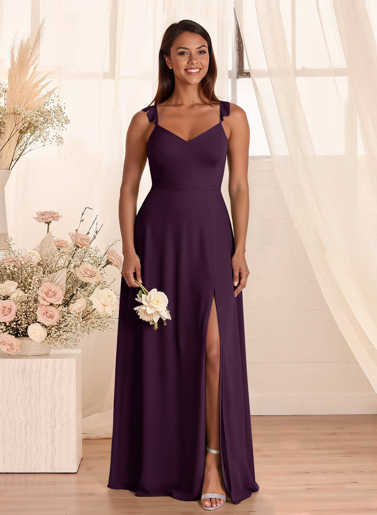 Simple V-Neck A-Line Floor-Length Chiffon Bridesmaid Dresses With Bow(s), product image 68