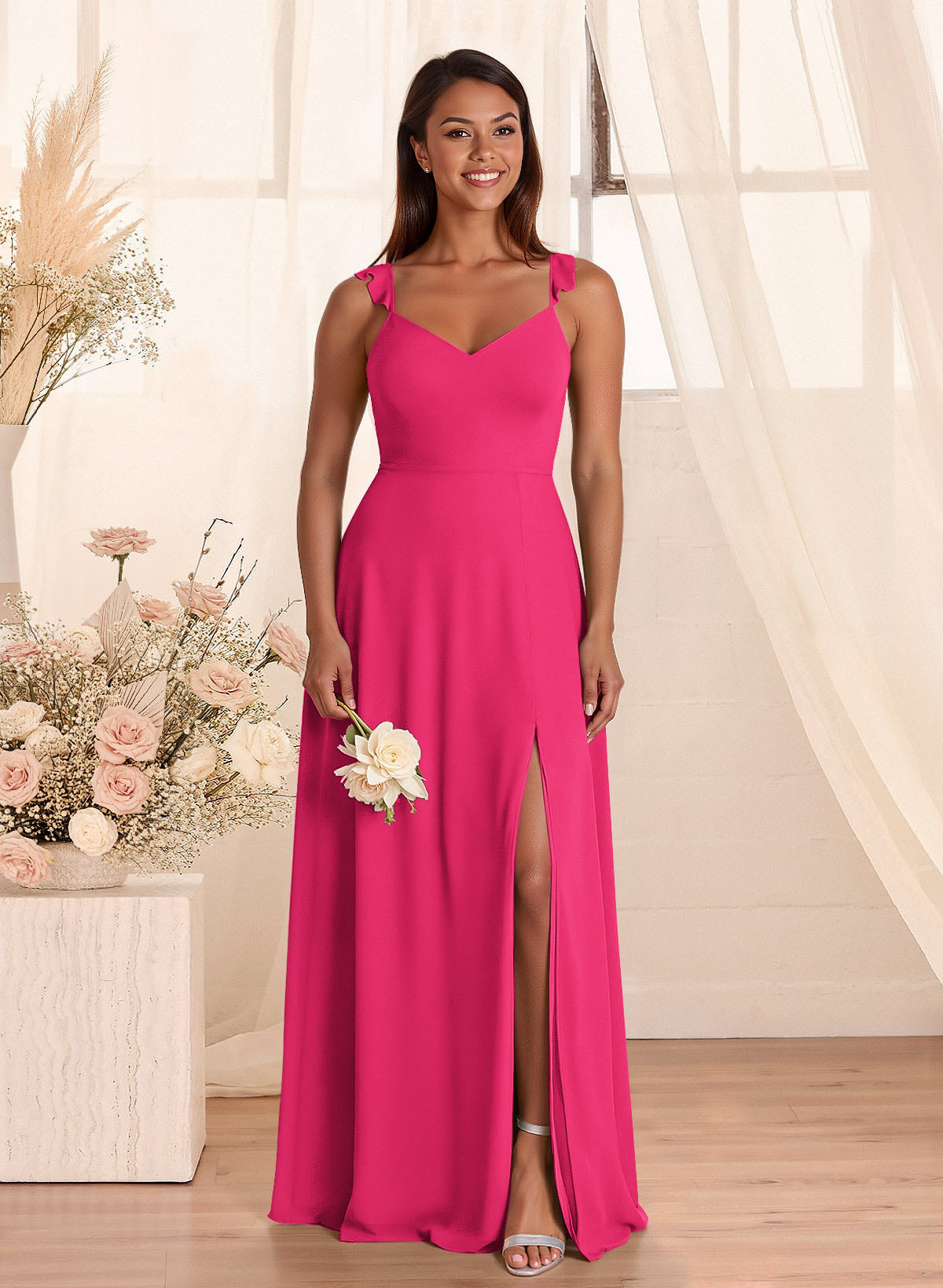 Simple V-Neck A-Line Floor-Length Chiffon Bridesmaid Dresses With Bow(s), product image 64
