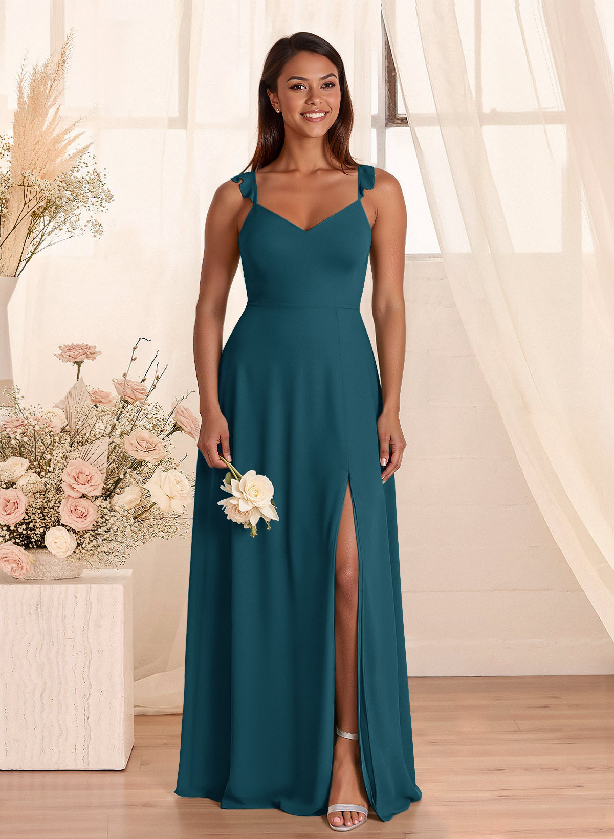 Simple V-Neck A-Line Floor-Length Chiffon Bridesmaid Dresses With Bow(s), product image 132