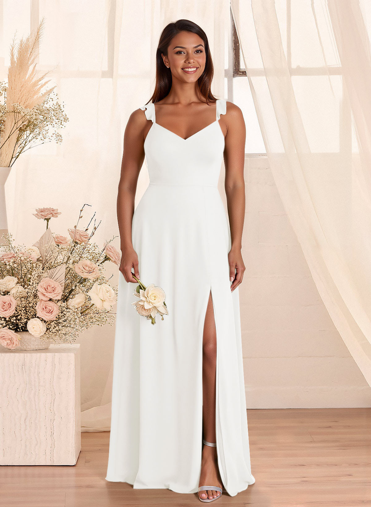 Simple V-Neck A-Line Floor-Length Chiffon Bridesmaid Dresses With Bow(s), product image 28