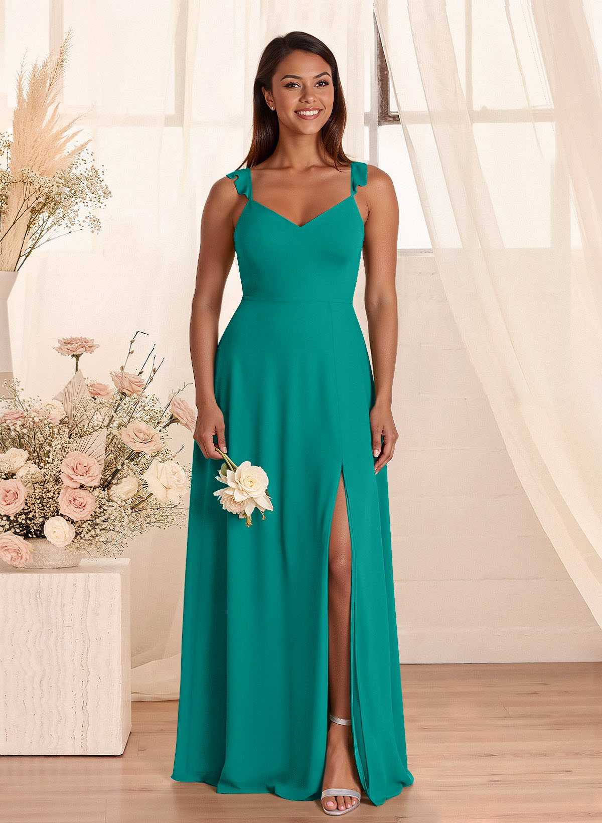 Simple V-Neck A-Line Floor-Length Chiffon Bridesmaid Dresses With Bow(s), product image 52