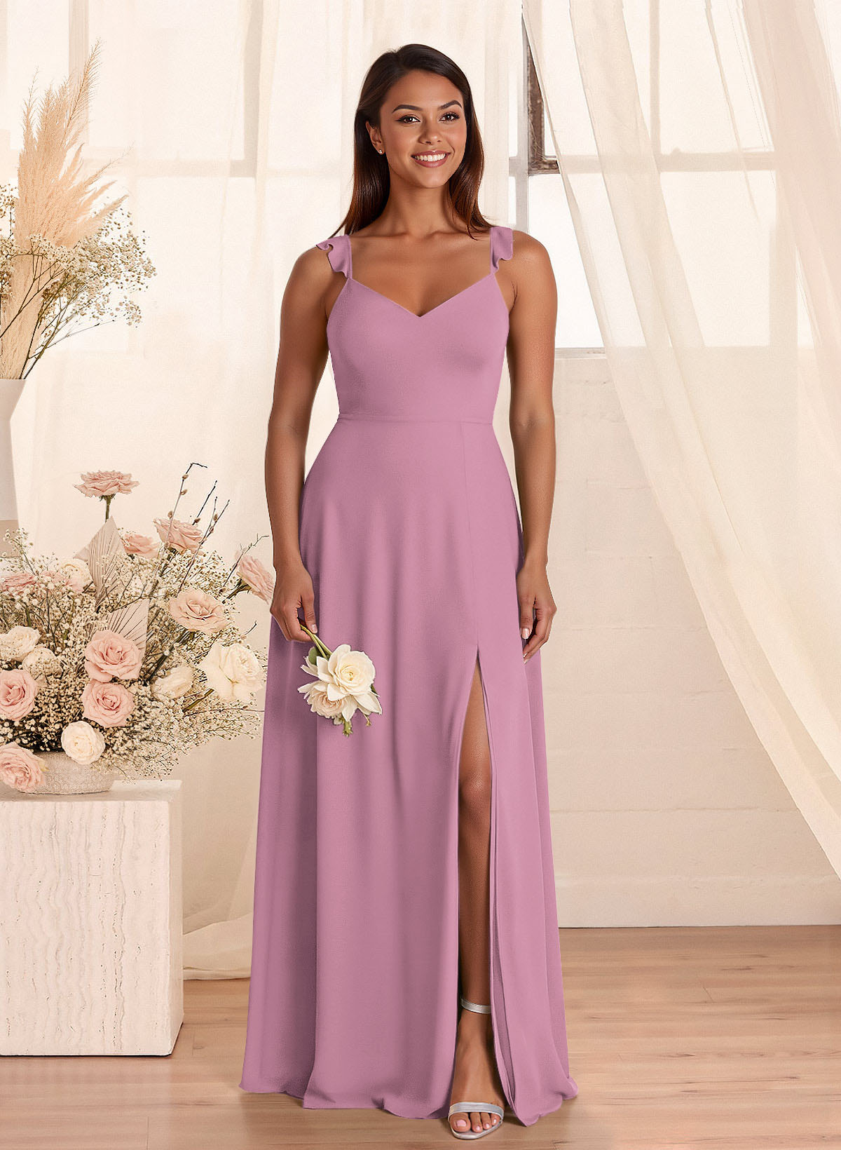 Simple V-Neck A-Line Floor-Length Chiffon Bridesmaid Dresses With Bow(s), product image 78