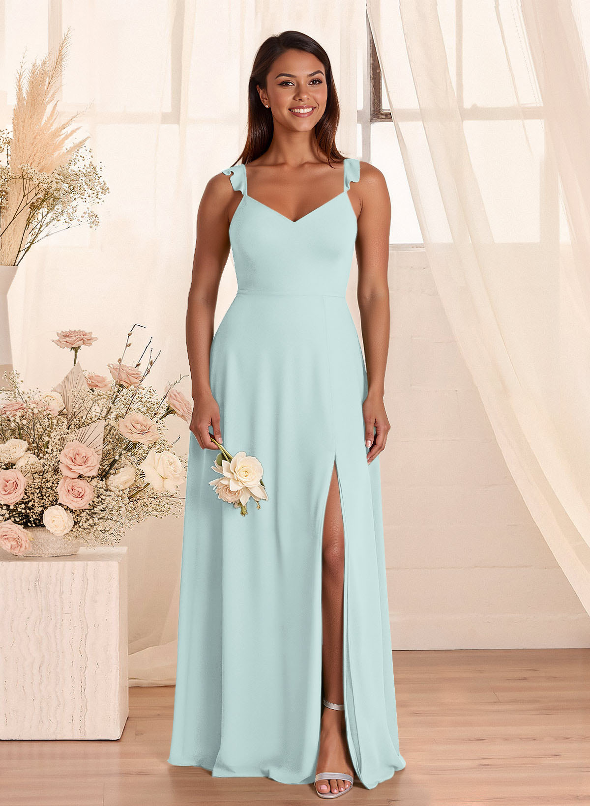 Simple V-Neck A-Line Floor-Length Chiffon Bridesmaid Dresses With Bow(s), product image 114