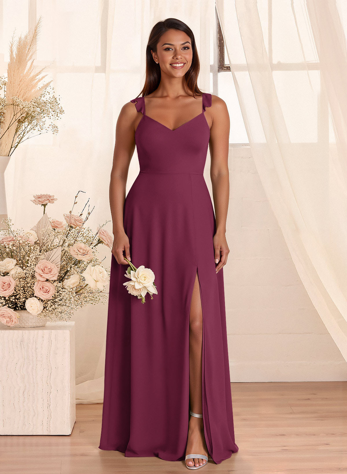 Simple V-Neck A-Line Floor-Length Chiffon Bridesmaid Dresses With Bow(s), product image 106