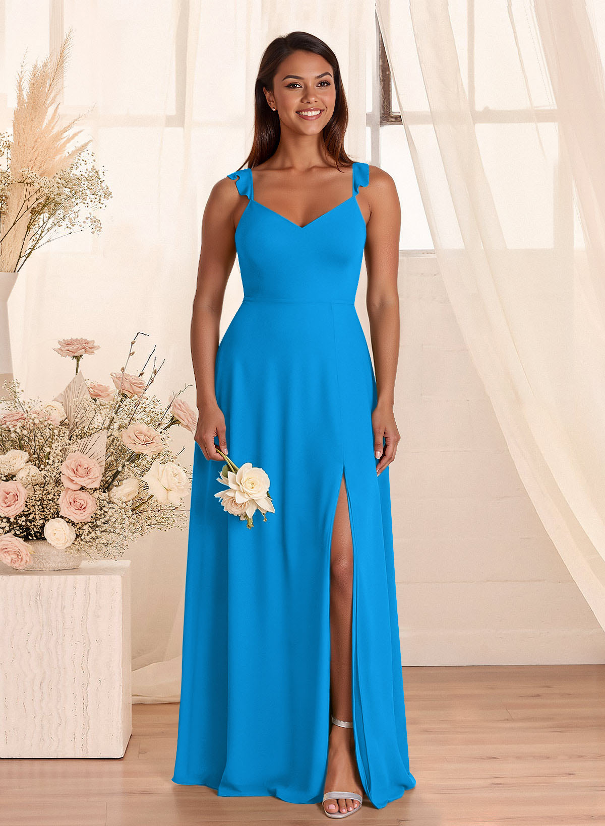 Simple V-Neck A-Line Floor-Length Chiffon Bridesmaid Dresses With Bow(s), product image 128