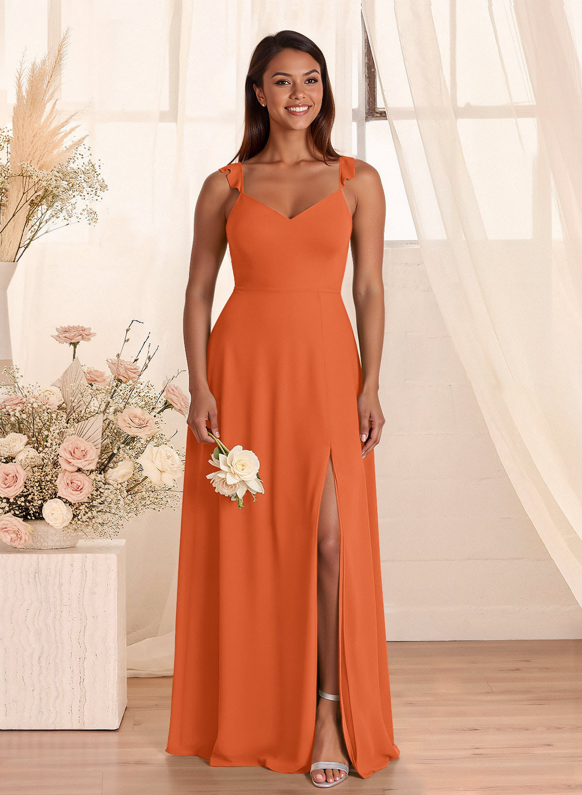 Simple V-Neck A-Line Floor-Length Chiffon Bridesmaid Dresses With Bow(s), product image 34